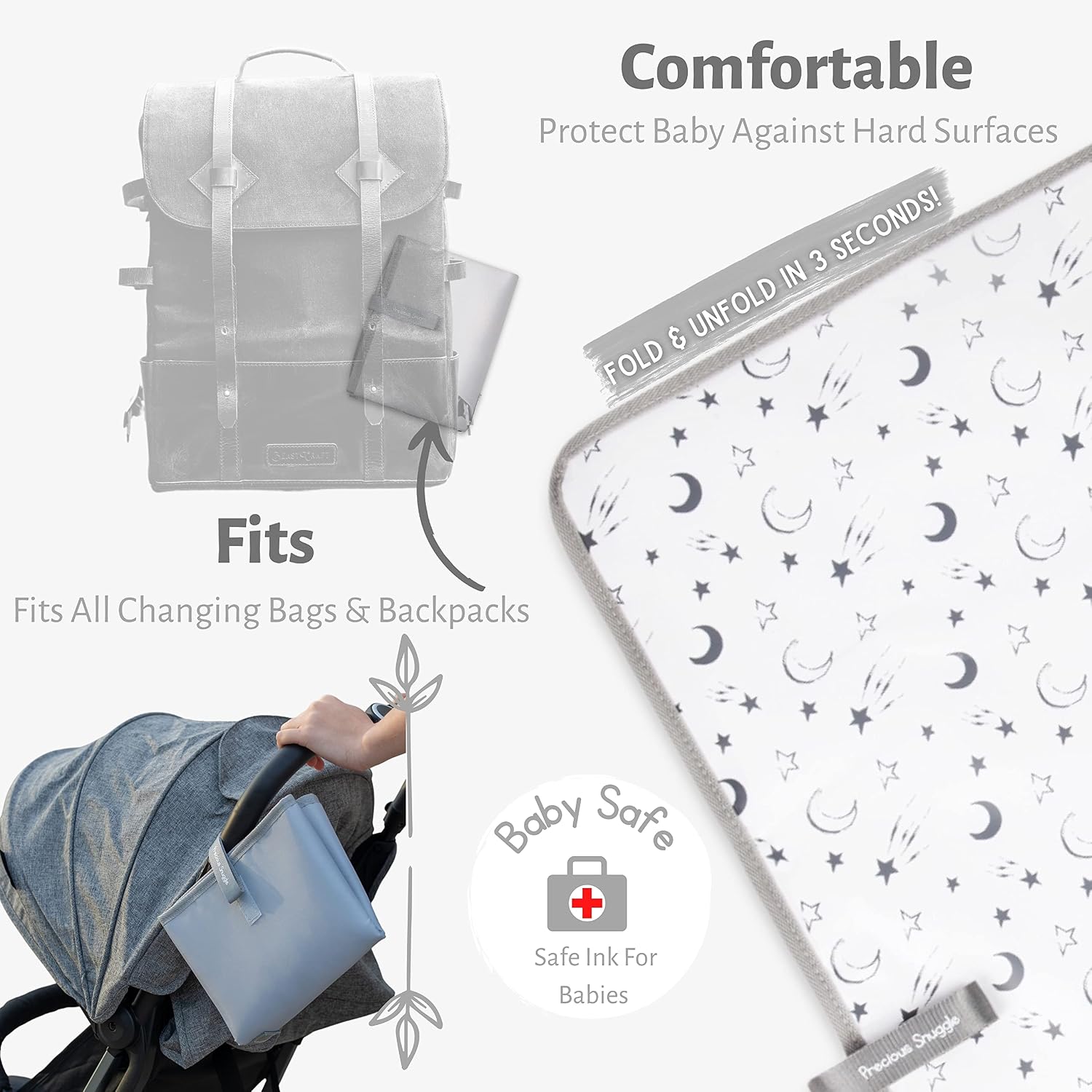 Precious Snuggle Portable Diaper Changing Pad | Waterproof Foldable Baby Changing Mat - Unisex Lightweight Changing Pad - Large Surface - Small & Compact | Double Wipeable Sides (Shooting Stars)