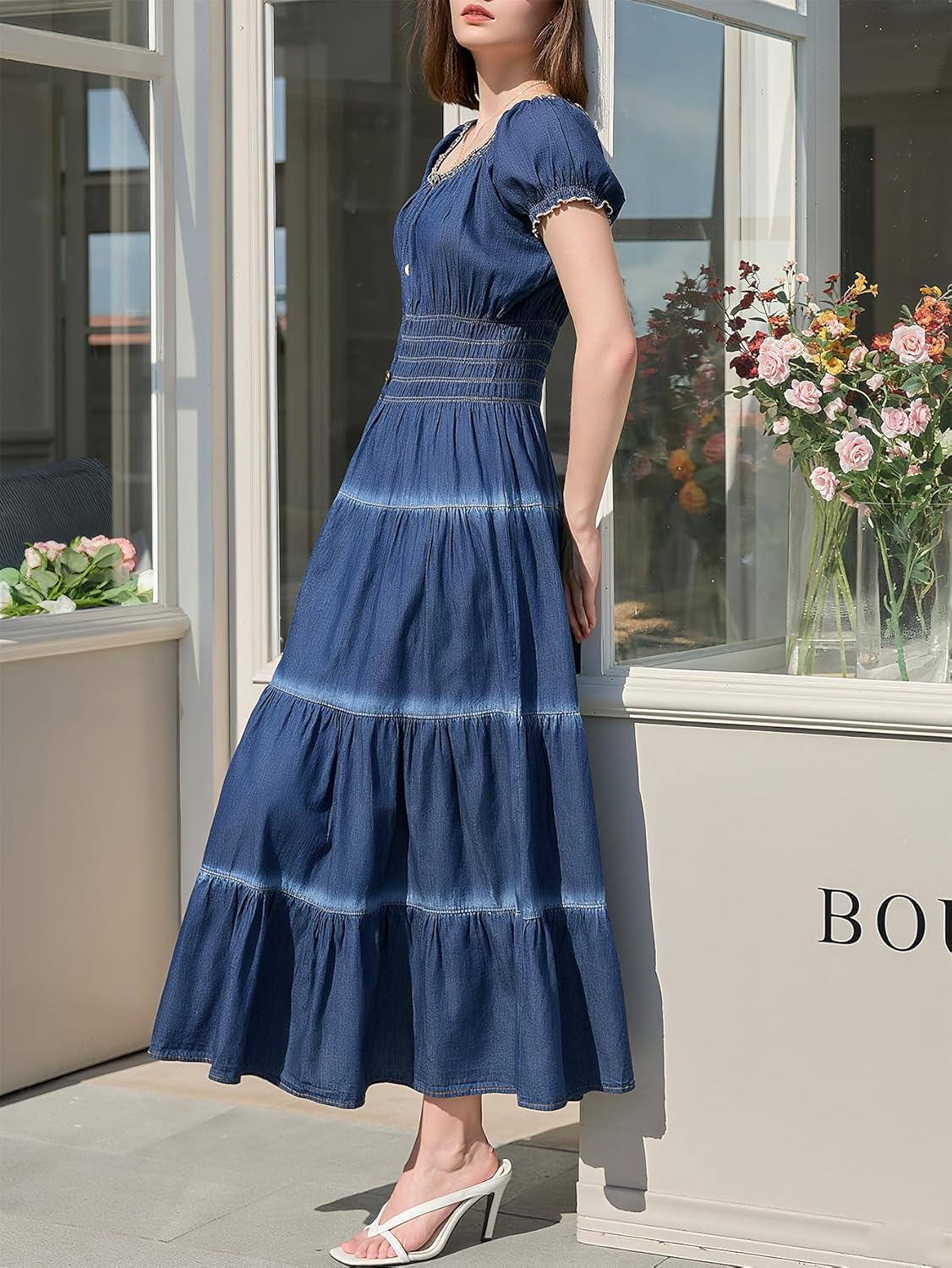 DREFBUFY Women's Casual Scoop Neck Short Sleeve High Waist Denim Ruffle A-line Cotton Lightweight Flowy Long Maxi Dress - Image 3