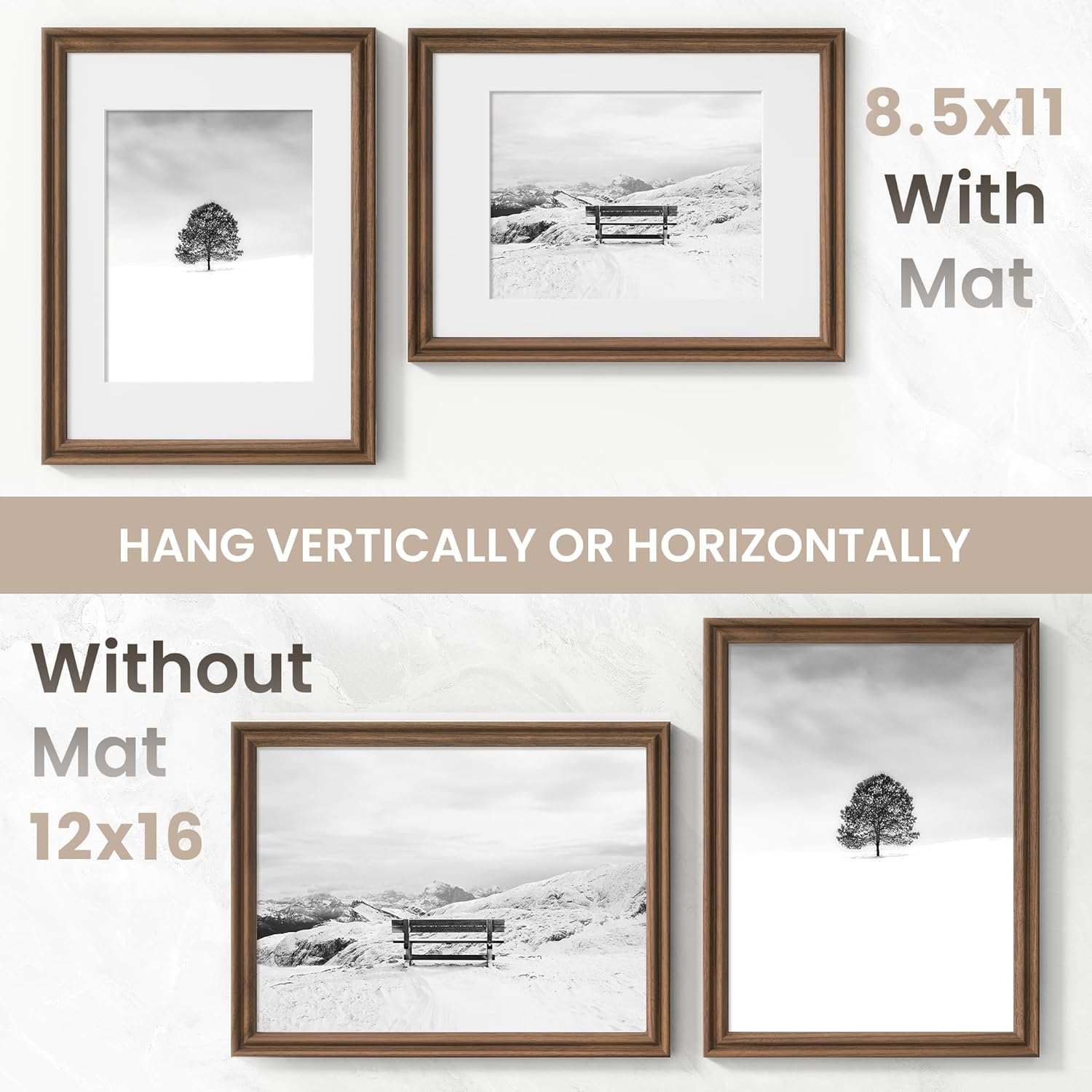 12x16 Picture Frame with Mat Adaptable Display Size for 8.5x11, Natural Black Walnut Wood Frame, HD Tempered Glass, Mortise and Tenon Nail Free Joint, Horizontally & Vertically Wall Display