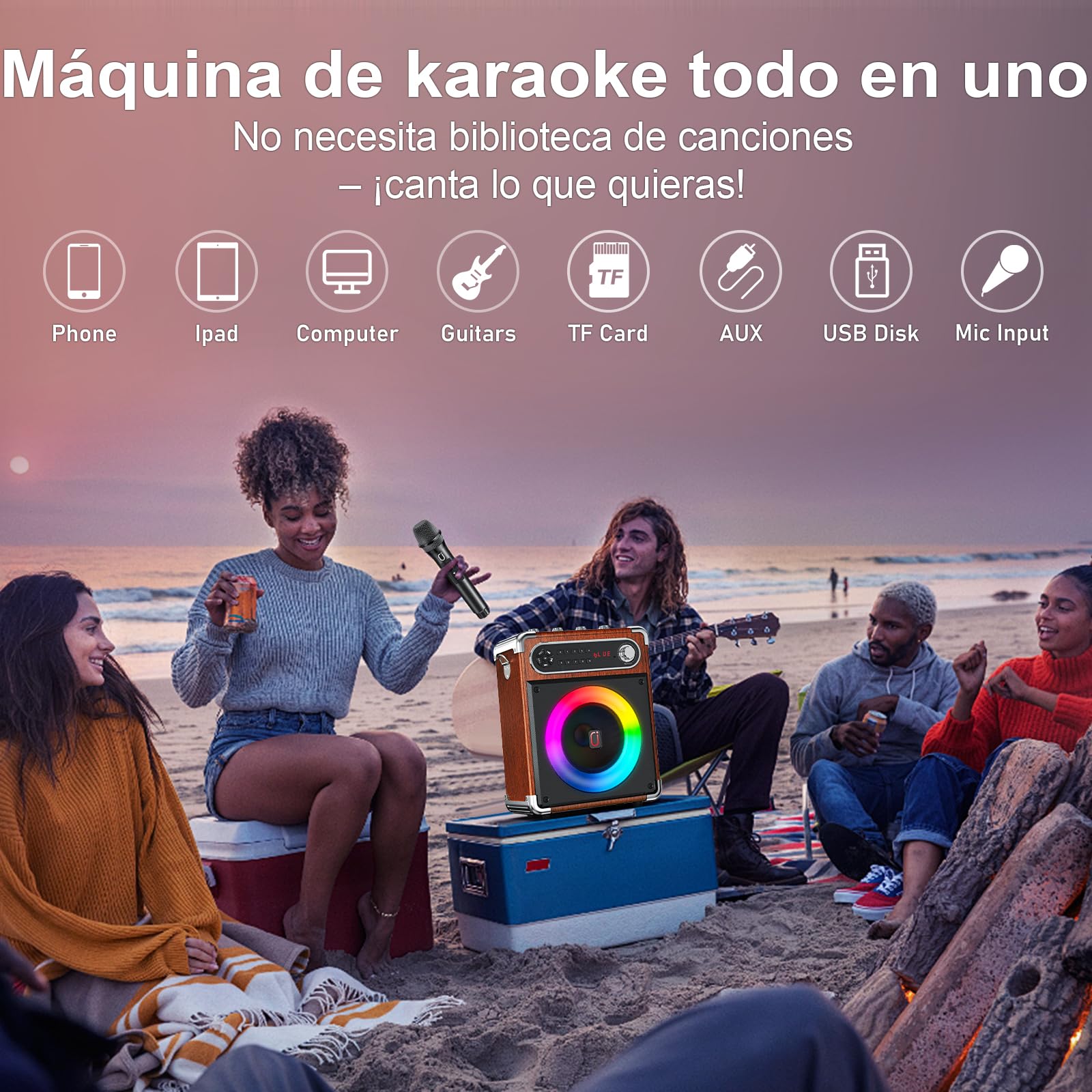JYX Máquina de karaoke con 2 micrófonos, caja de karaoke portátil Bluetooth 5.3, sistema PA de 80 W con luces RGB, graves/agudos/eco, TWS/FM/TV/AUX/USB/TF/REC para familia, fiestas, exteriores (madera