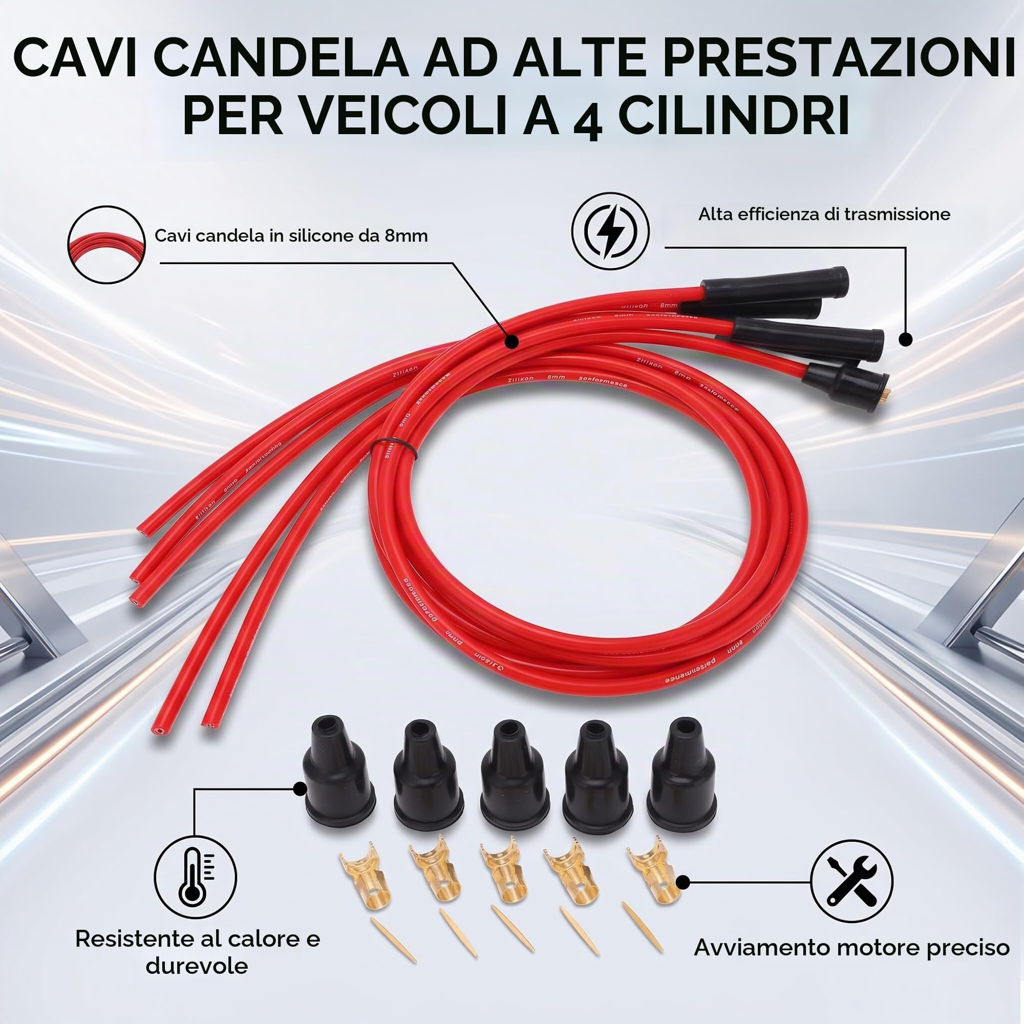 Kit Completo di Cavi di Accensione per Candele Universali in Silicone Rosso 8mm per Auto a 4 Cilindri con Lunghezza 1 Metro