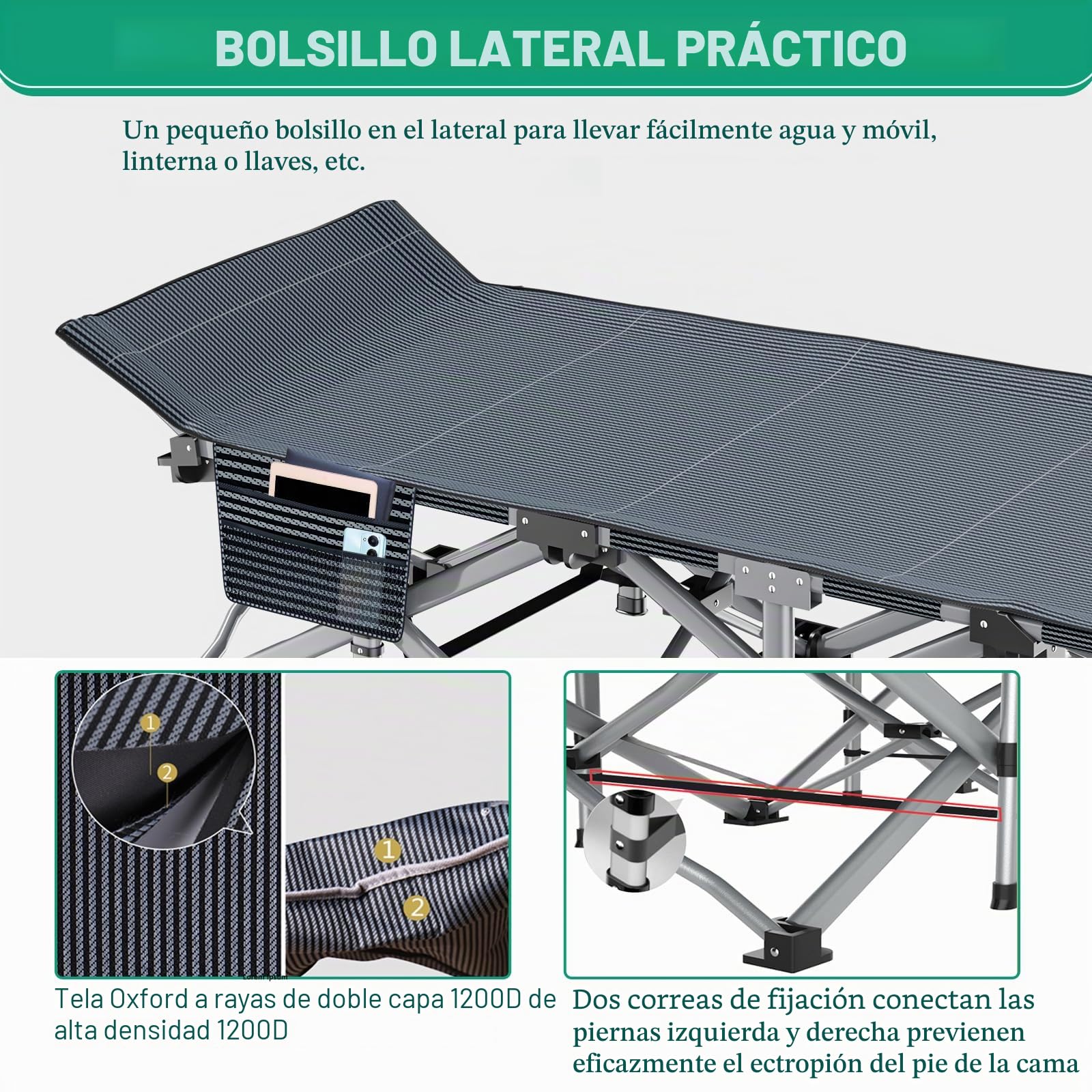 190x71x36CM Cama Camping Plegable para Adultos, Marco de Acero+Tela Oxford Ligero Reclinable/Tumbona para Balcón, Jardín