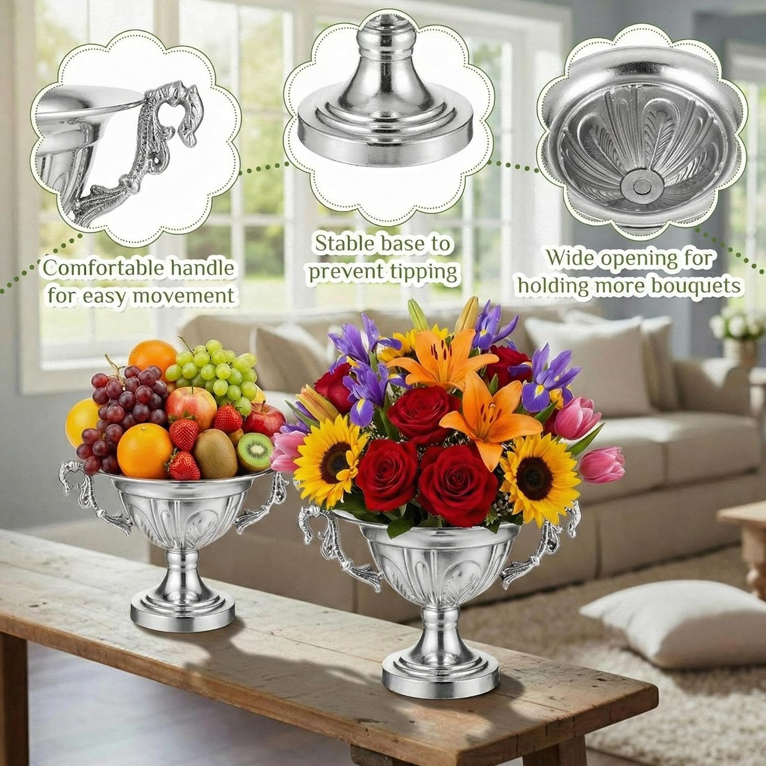 2 Pcs Urn Flower Vase for Centerpieces 10.7" w x 7.1" h Vintage Iron Flower Vase Decorative Compote Pedestal Antique Urn Flowers Pot for Wedding Centerpieces Home Floral Arrangement