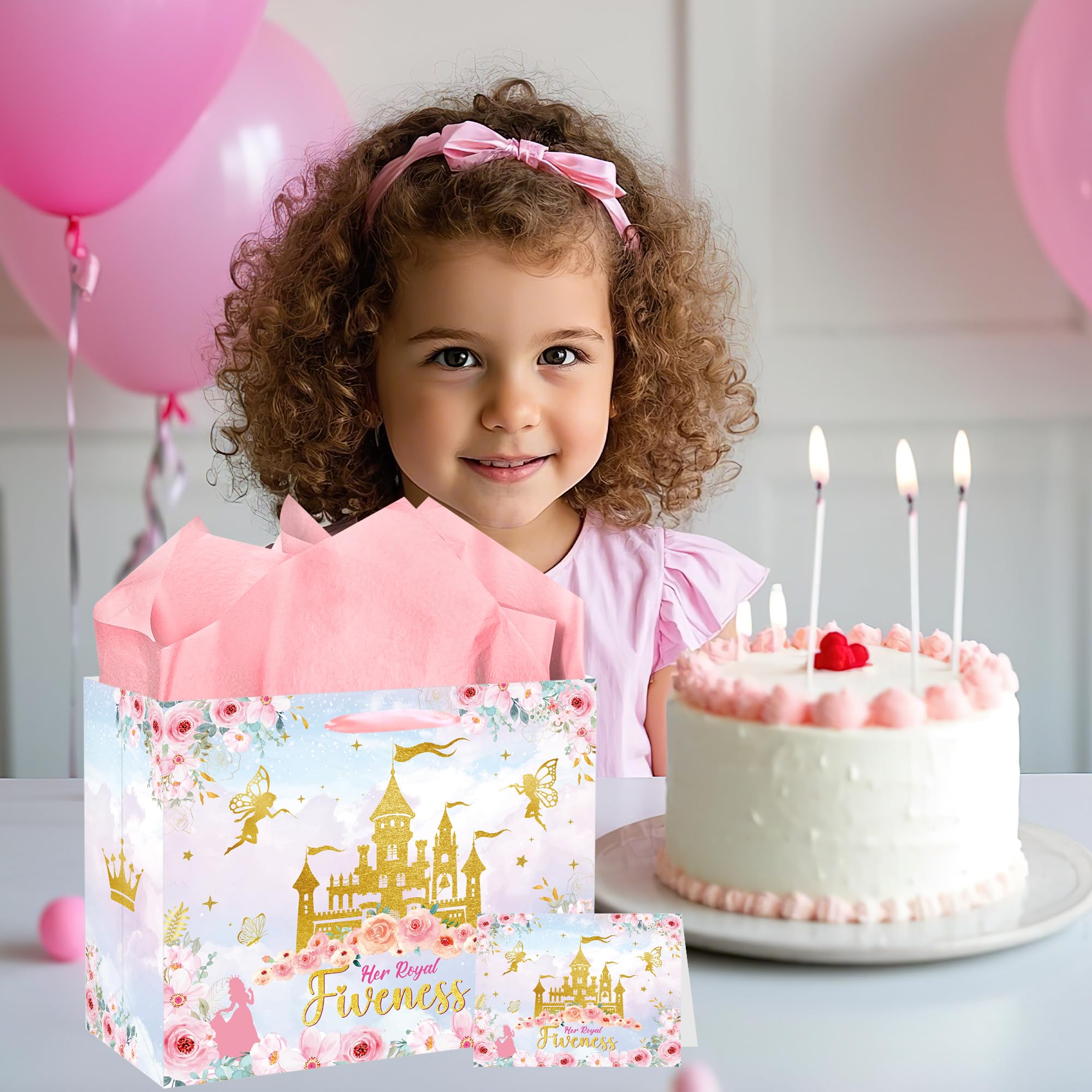 MOIZYNG Her Royal Fiveness Birthday Gift Bag, Pink Gold Castle Floral Princess 5th Birthday Gift Wrap Bags with Handles, Tissue Paper and Greeting Card for Girls 5 Year Old Party Favors Decorations