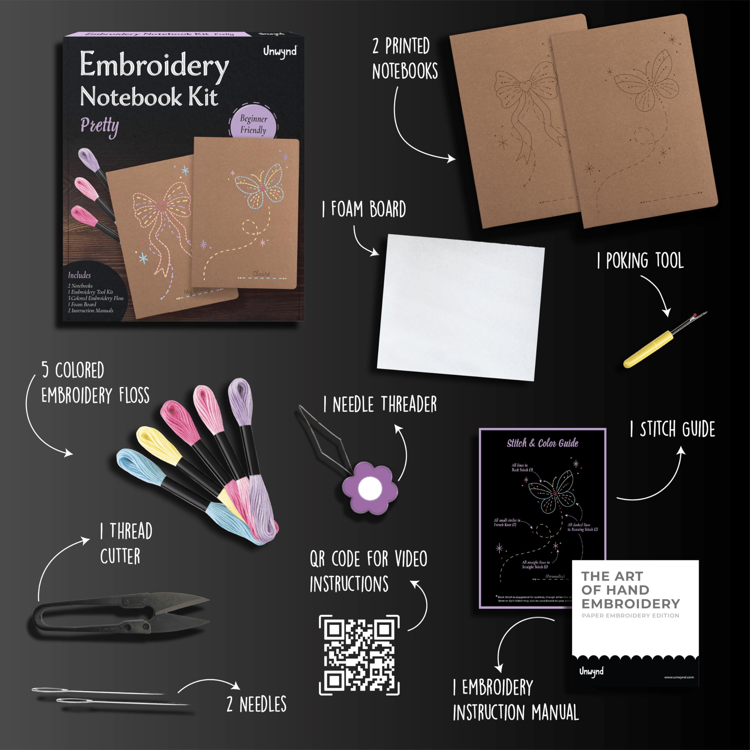 Unwynd Kit de cuaderno de bordado, bonito kit de bordado para principiantes y adultos, juego de manualidades de costura a mano, kits de punto de cruz, kits de punto de aguja, 2 cuadernos con hilo