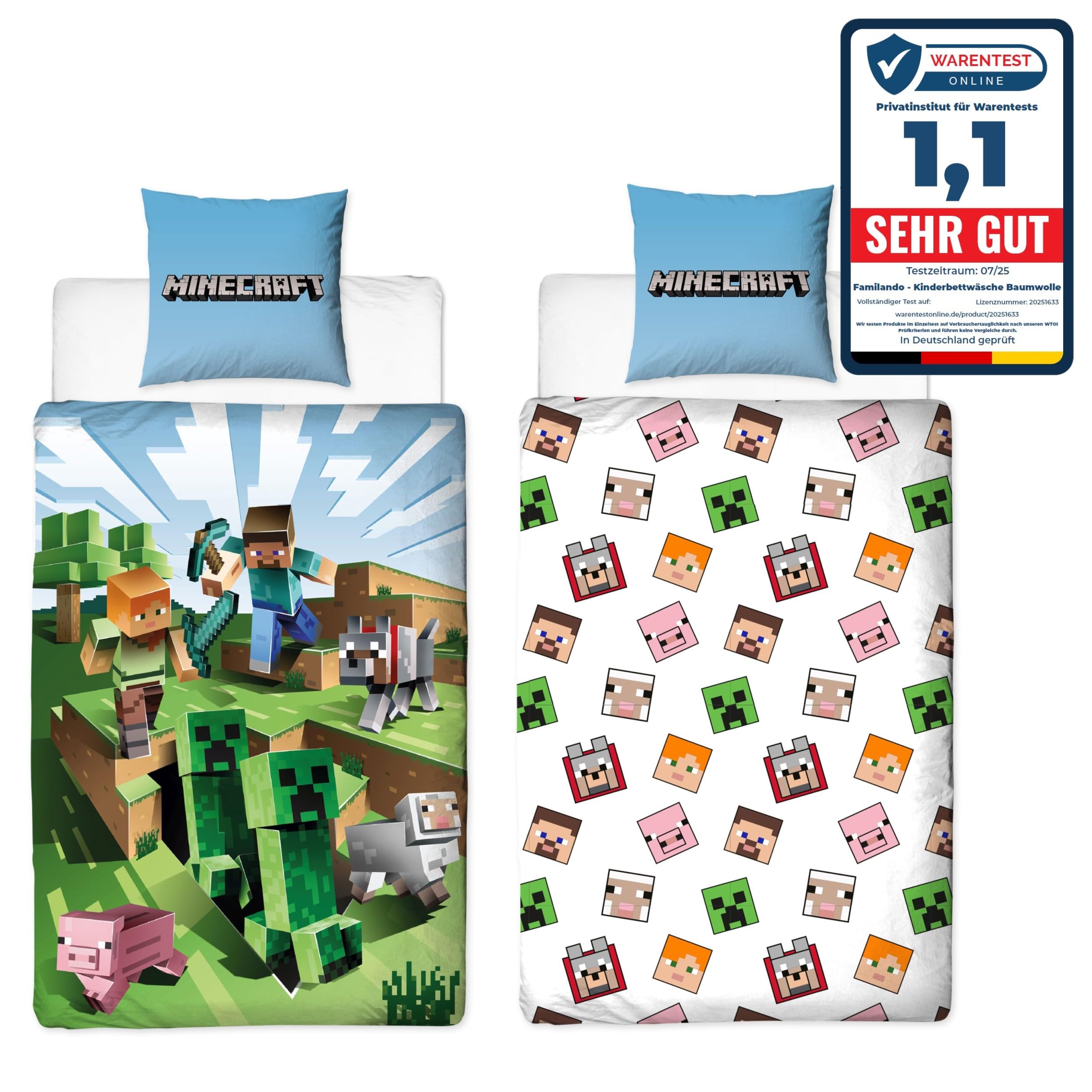 Character World Wende Bettwäsche-Set Minecraft, 135x200cm + 80x80cm, 100% Baumwolle, grün Motiv Craft Blöcke TNT und Spitzhacke Battle, Mehrfarbig