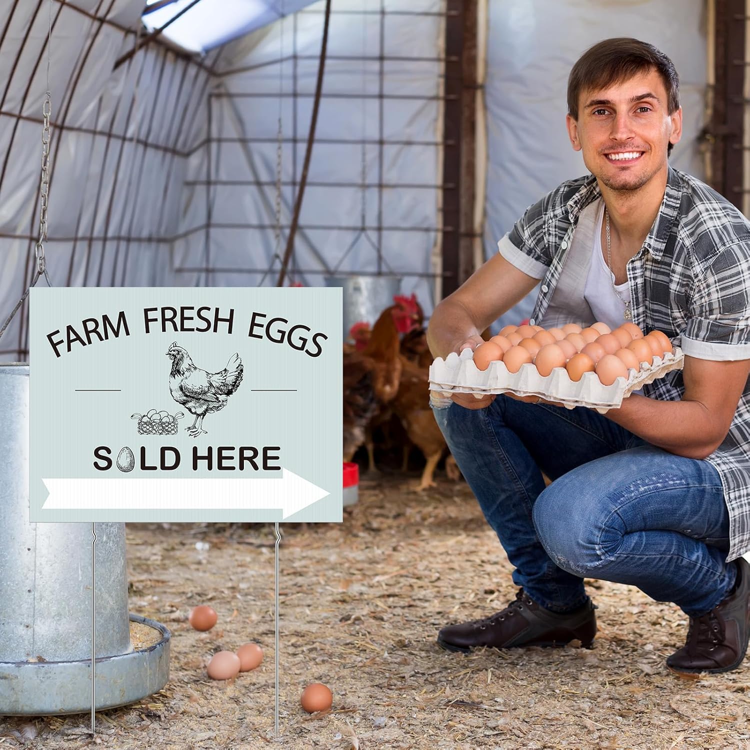 Soaoo 5 Pcs Farm Fresh Eggs Sold Here Sign 16 x 12 Inch Double Sided Fresh Eggs for Sale Sign Corrugated Plastic Chicken with Stakes Easter Egg Sale Signs for Indoor Outdoor Yard