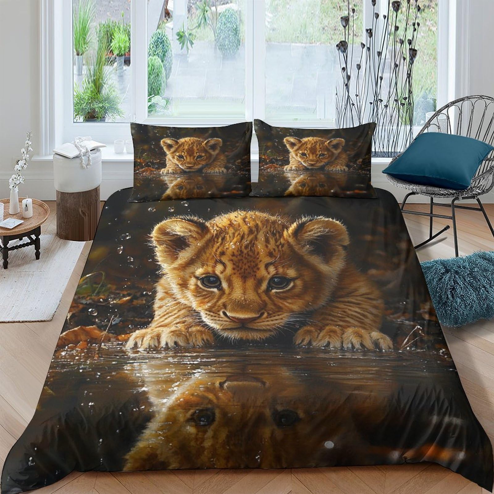 Ctjqhvkz Style-6 3D Printed Lion Cub Fitted Sheet Microfiber Soft Anti-Slip Forest Reflection Mattress Cover For Bedroom Decor Single（135X200cm）