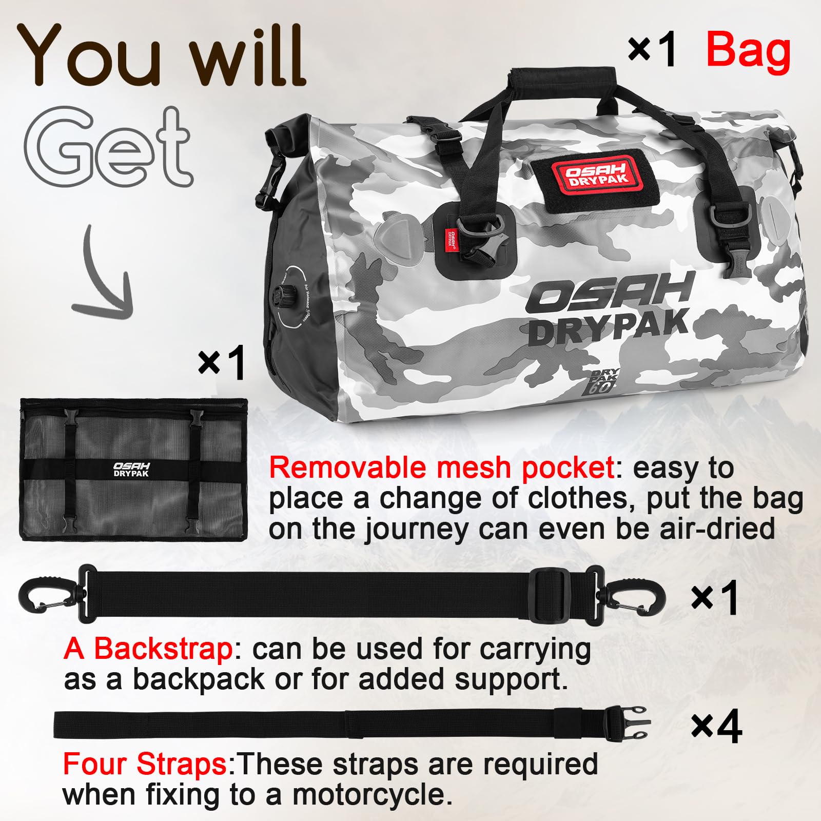 OSAH DRYPAK Bolso de Lona Impermeable - Bolsa Trasera estanca para Moto con Gran Espacio, Equipaje Impermeable con Bolsillo Exterior de Malla con Cremallera para Acampada, Kayak, Pesca y Viajes