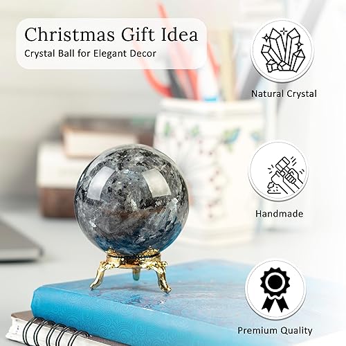 Miniatura 6 de Crocon Bola de esfera de piedra larvikita de 1.969 in con soporte de metal, más de 1400 quilates, esfera de piedras preciosas curativas, figura de