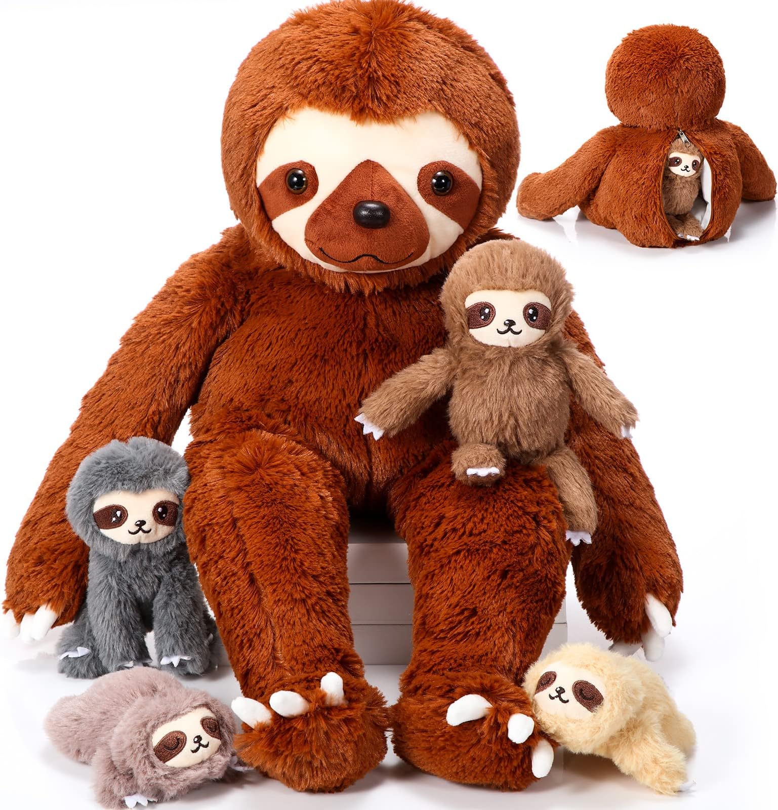 Kasyat 5 Pcs Sloth Plush Toy Set 13 Inch Mommy Sloth Stuffed Animal with 4 Cute Baby Plushies in Zippered Belly for Kids Birthday Gifts Home Decors Baby Shower Birthday Party Favors(Brown)