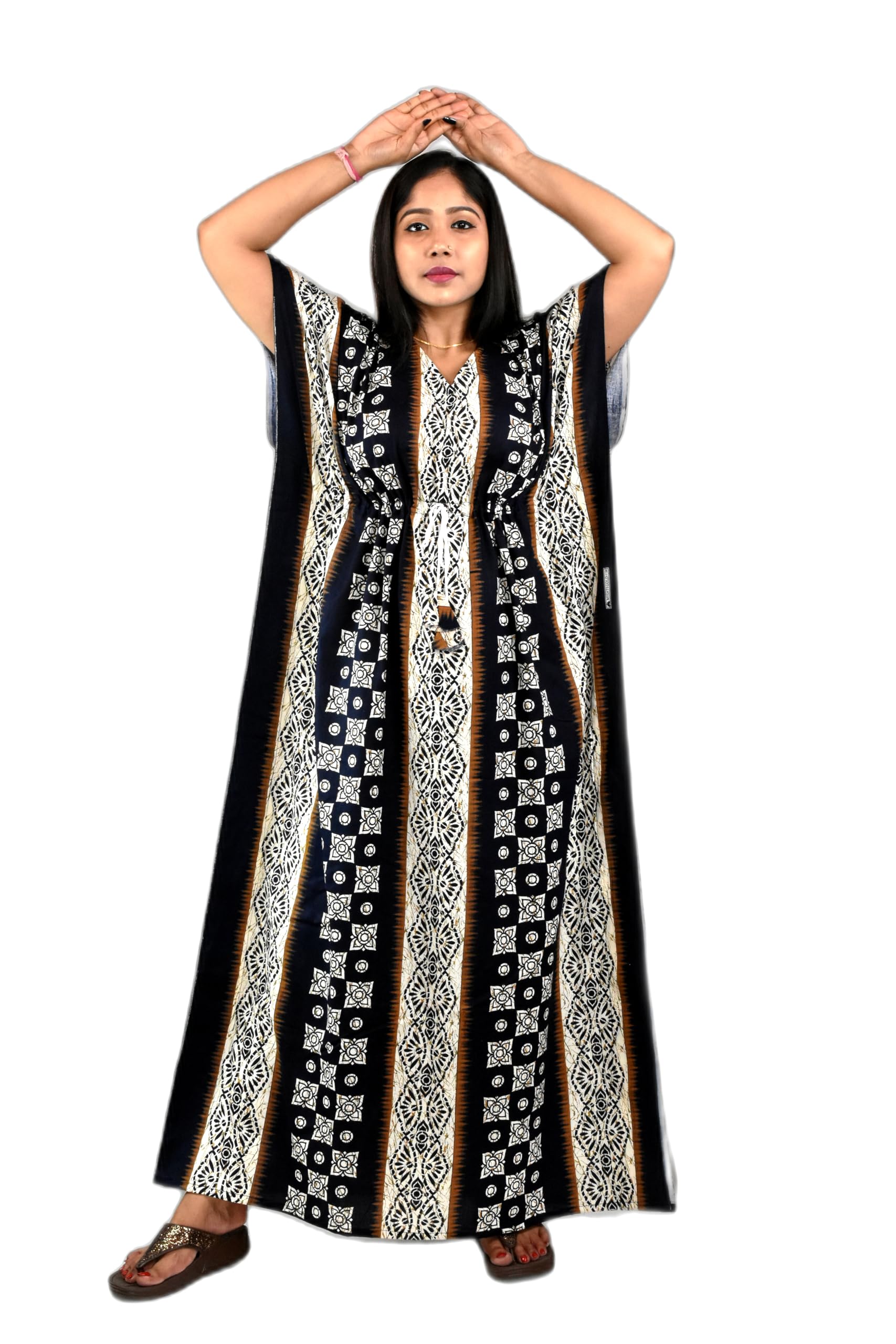 bdrox Women's Cotton Maxi Kaftan Dress, Printed Ethnic Lounge Wear, V-Neck, Kaftan Sleeve, Casual Style-picture-32