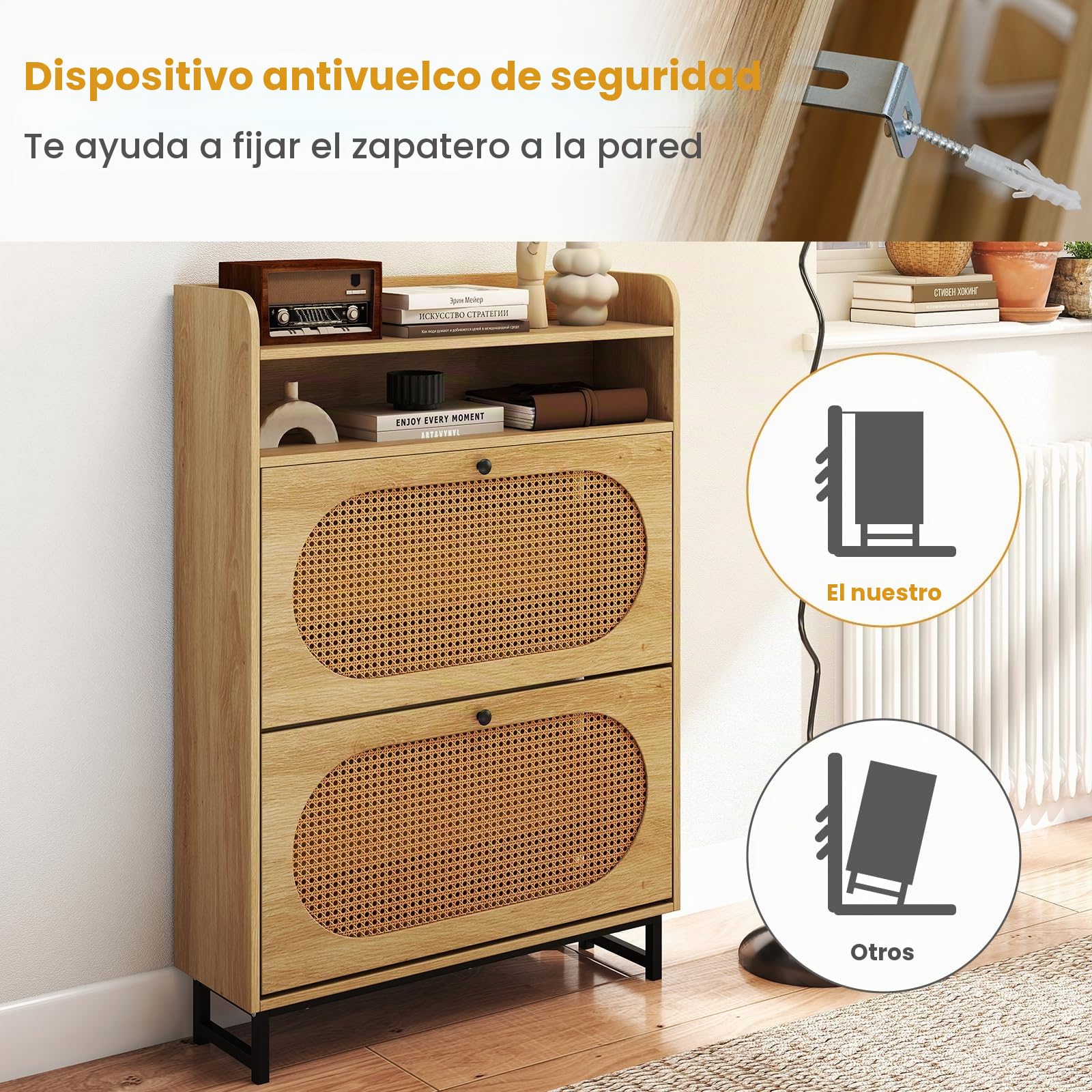 GIANTEX Zapatero de 4 Niveles con 2 Cajones Abatibles y 2 Estantes Abiertos, Cada Solpa con 2 Estantes, Puertas de Ratán, 80 x 24 x 115 cm, Armario de Zapatos para Entrada, Recibidor, Dormitorio