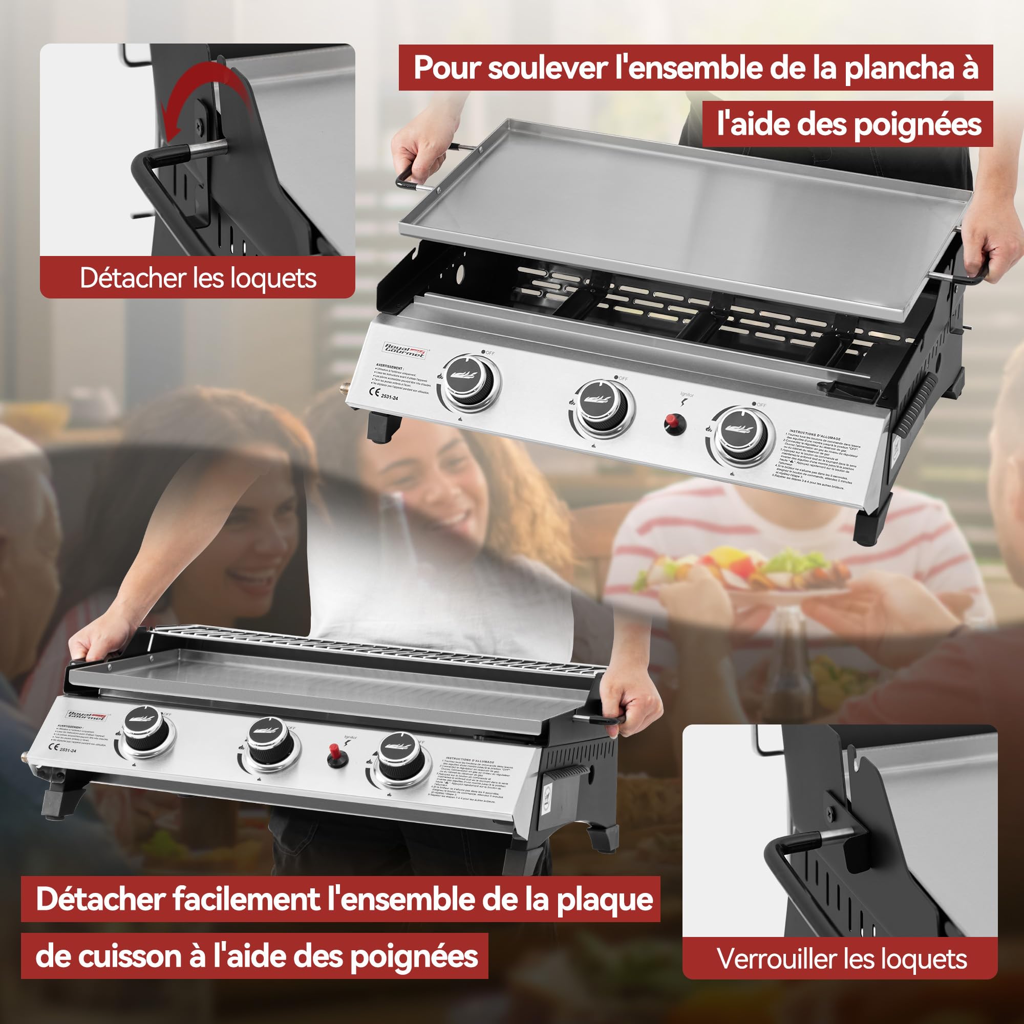 Royal Gourmet Plancha Gaz Propane en Acier Inoxydable, 3 Brûleurs Puissance 7.5kW, Surface Cuisson 61,5 x 32cm avec Grille de Réchauffage, Adapté pour Le Camping et l' Extérieur, Argent