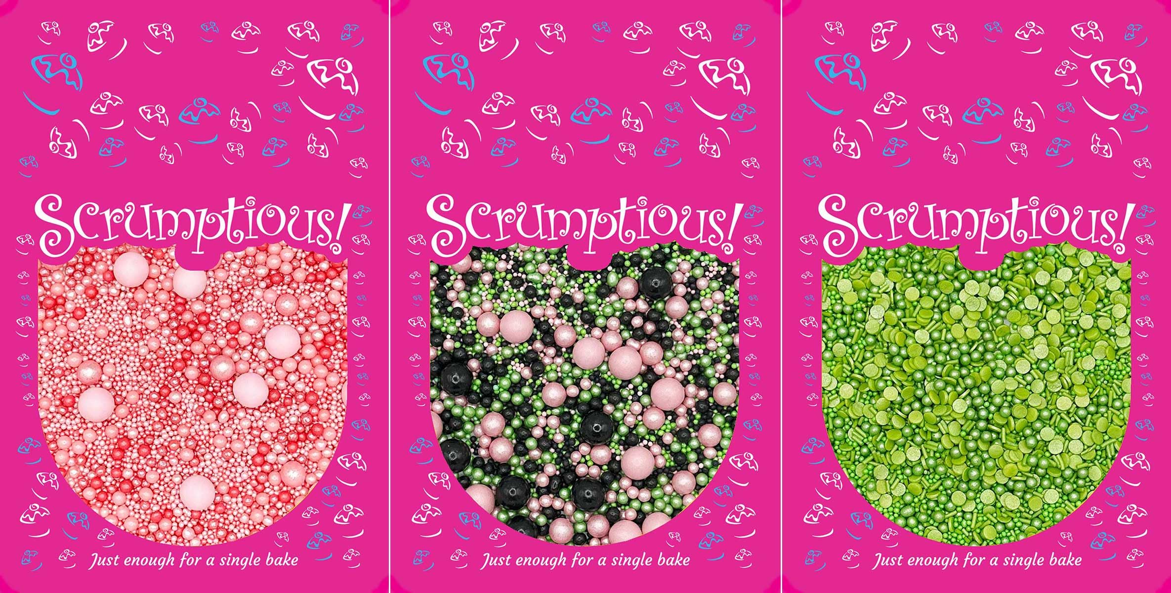 Scrumptious! - Bundle - Wicked Edible Cake Topper Sprinkles Cupcake Decorations - 1x30g Pearls Mix Wicked, 1x30g Pearls Mix Pinks, 1x30g Colour Medley Green. Themed Sprinkle Mixes