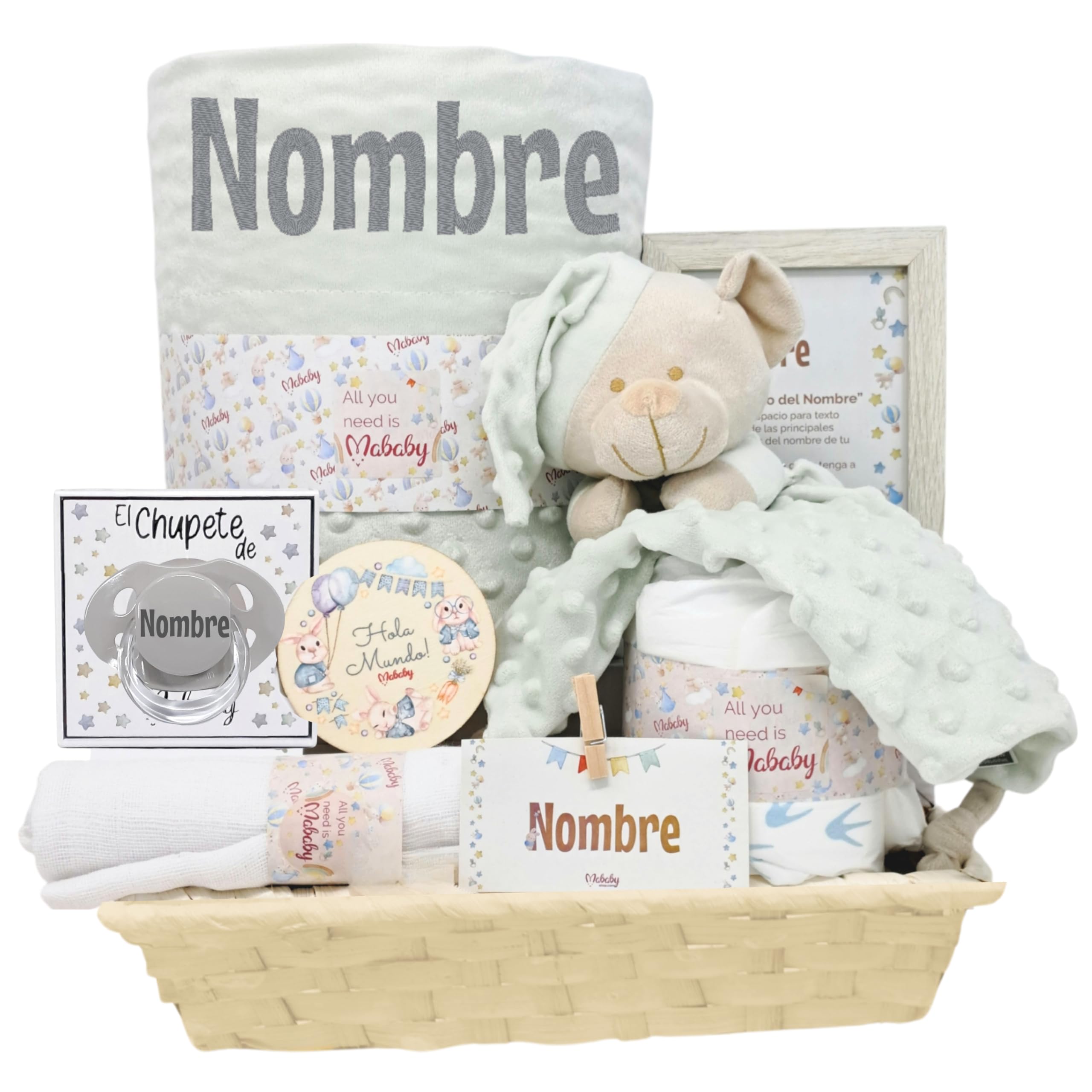 Menta - Cesta de Bebé Personalizada con Manta Burbujas Bordada, Dou Dou de Apego y Chupete Personalizado - Regalo Ideal para Recién Nacidos