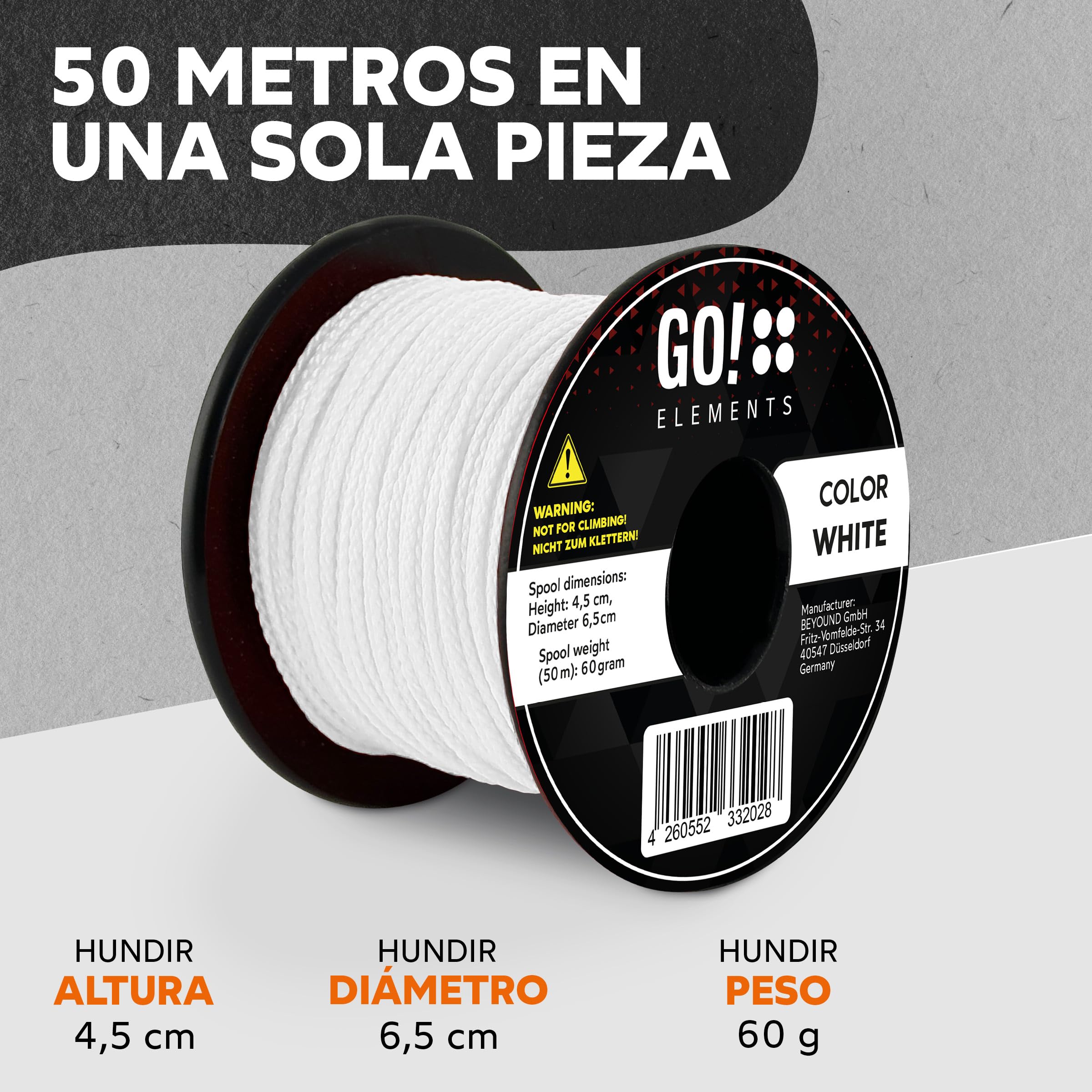 GO!elements Nano Cord | Cuerda de albañil | Filigrana, delgada y extremadamente estable | Cuerda de nylon 100% | ø 0,75 mm - Sin núcleo - Max. 16 KG - Resistente a la rotura | Cuerda para DIY, camping