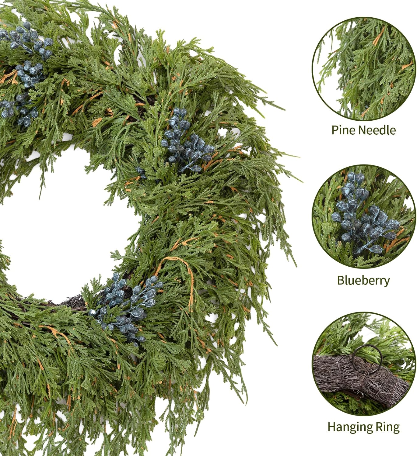 16" Norfolk Pine Christmas Wreath for Front Door – Large Artificial Greenery Wreath with Blueberry for Wall, Porch, or Indoor Outdoor Holiday Decor – Real Touch Pine Foliage - Image 4