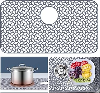 JUSTOGO Silicone Sink Protectors for Kitchen Sink 26.4"x14.4", Kitchen Sink Mat Grid Heat Resistant Sink Mats for Bottom of Kitchen Sink Farmhouse Stainless Steel Porcelain Sink Mat Rear Drain, Grey