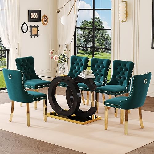Miniatura 18 de Juego de mesa de comedor de cristal de 63 pulgadas para 6, juego de mesa de comedor moderno para 6, mesa de vidrio templado con patas negras en Mesa