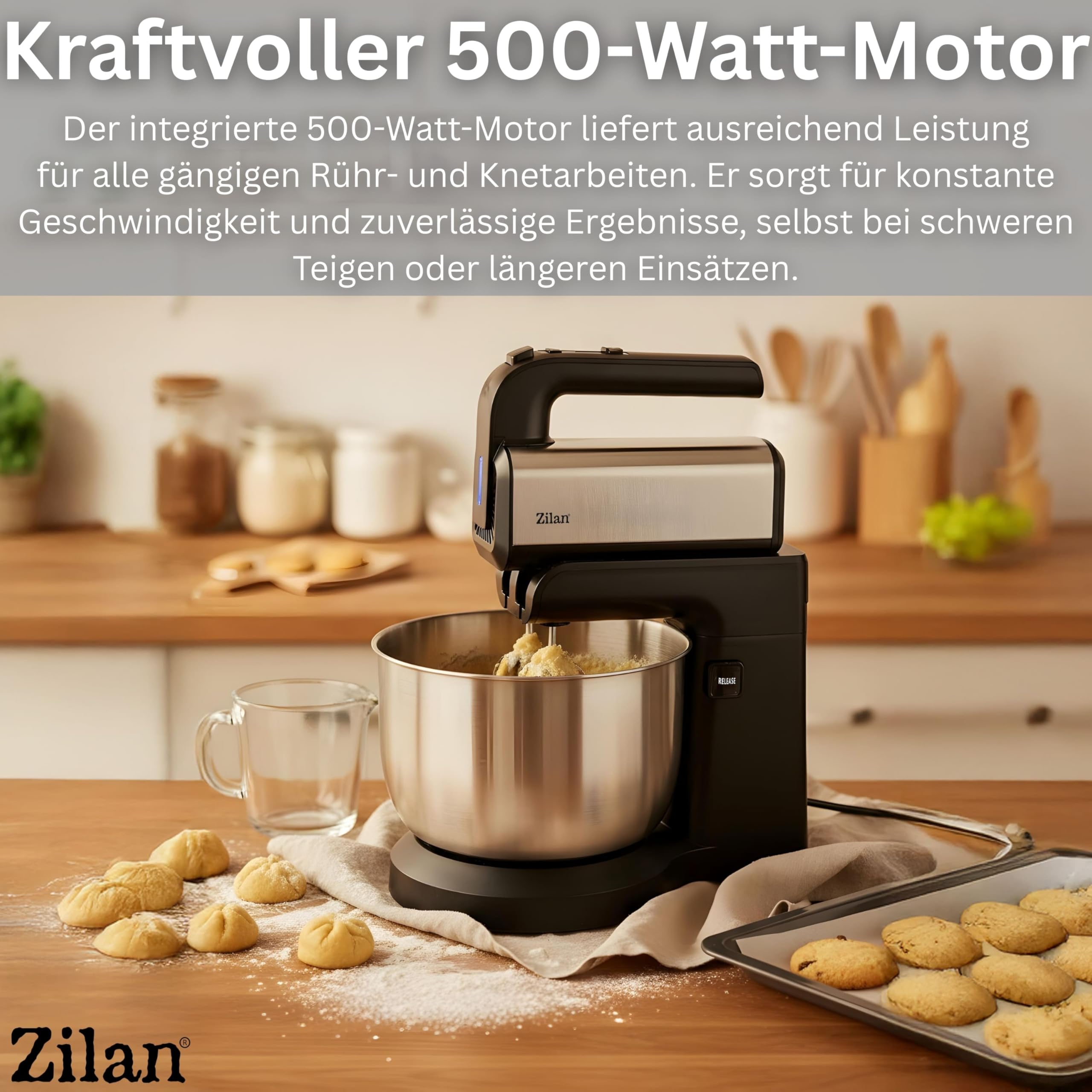 Handmixer mit Rührschüssel 500W – Elektrischer Handrührer mit 3,5 L Edelstahl-Schüssel Knetmaschine automatischer Rotation, 5 Stufen, Turbo 2x Rührhaken & Knethaken Küchenmixer Teigknetmaschine