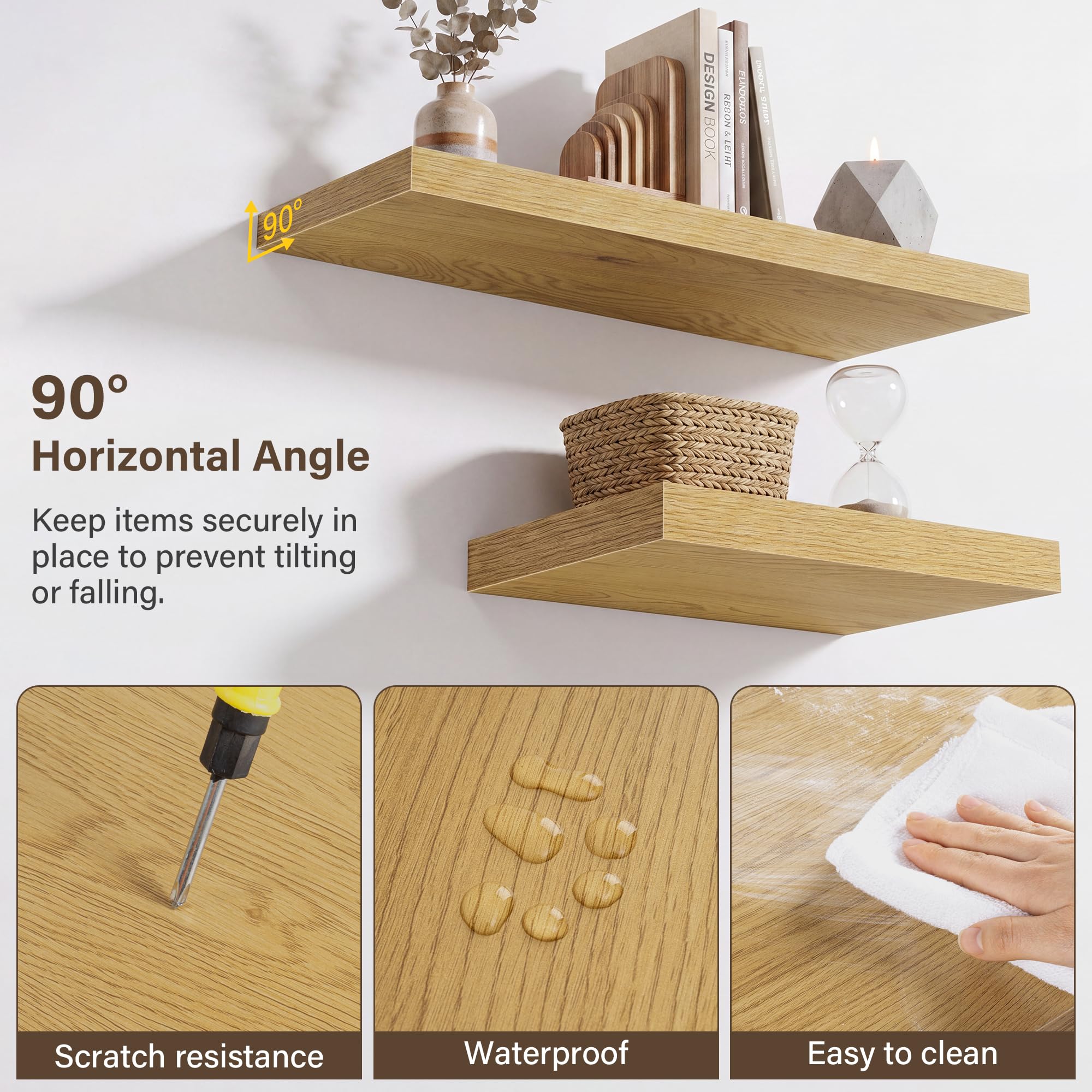 Acovy 25 cm extra Tiefe Wandregale, 100 cm langes Holz Schweberegal, Wandboard für Wohnzimmer, Bad, Schlafzimmer, Küche, Eiche, 2er-Set