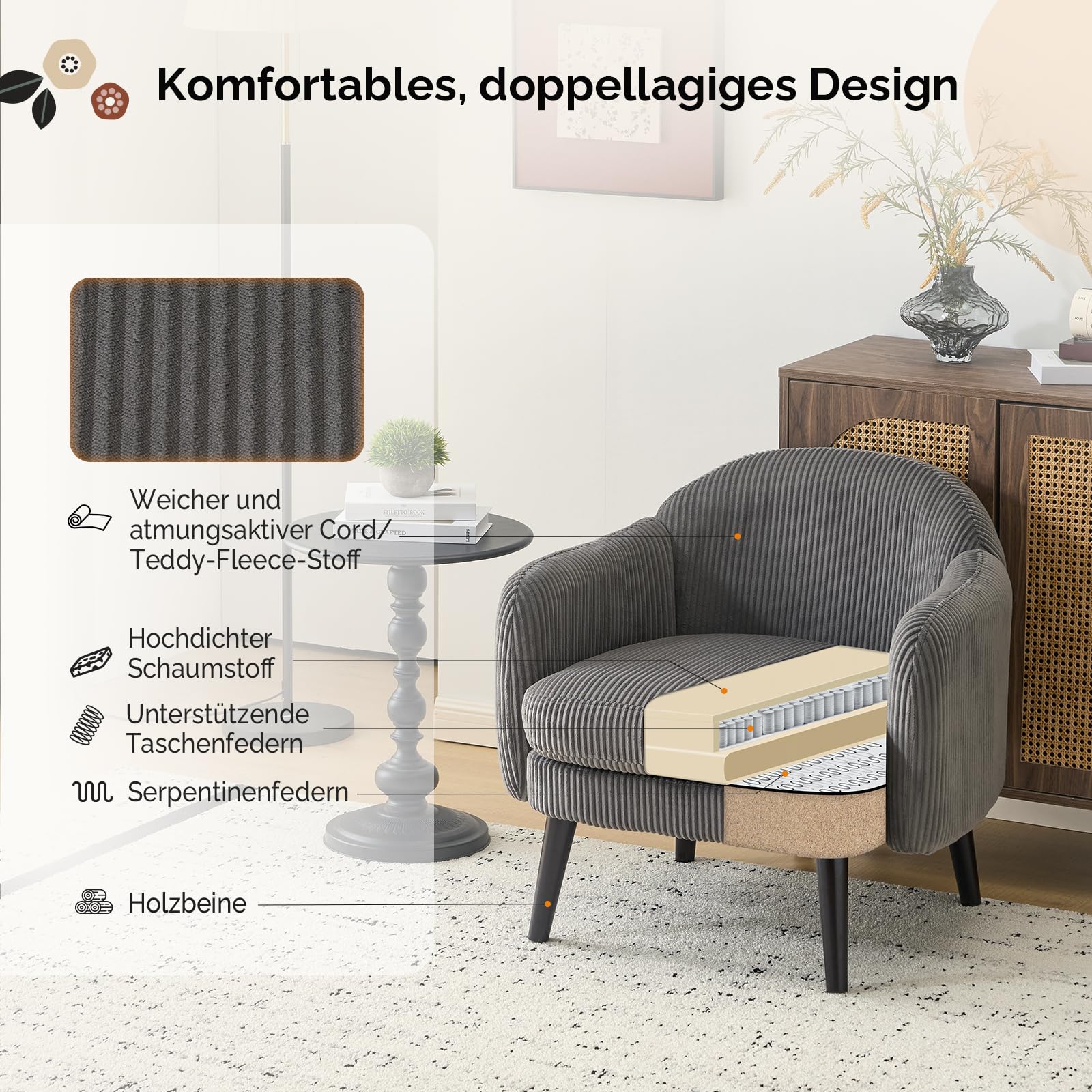 Bonnlo Sessel Gepolsterter Cocktailsessel, Moderner Loungesessel für Wohnzimmer, Lesesessel, Clubsessel, bis 113 kg belastbar, Schlafzimmer, Büro oder Wartebereich (Cord-Stoff, Dunkelgrau)