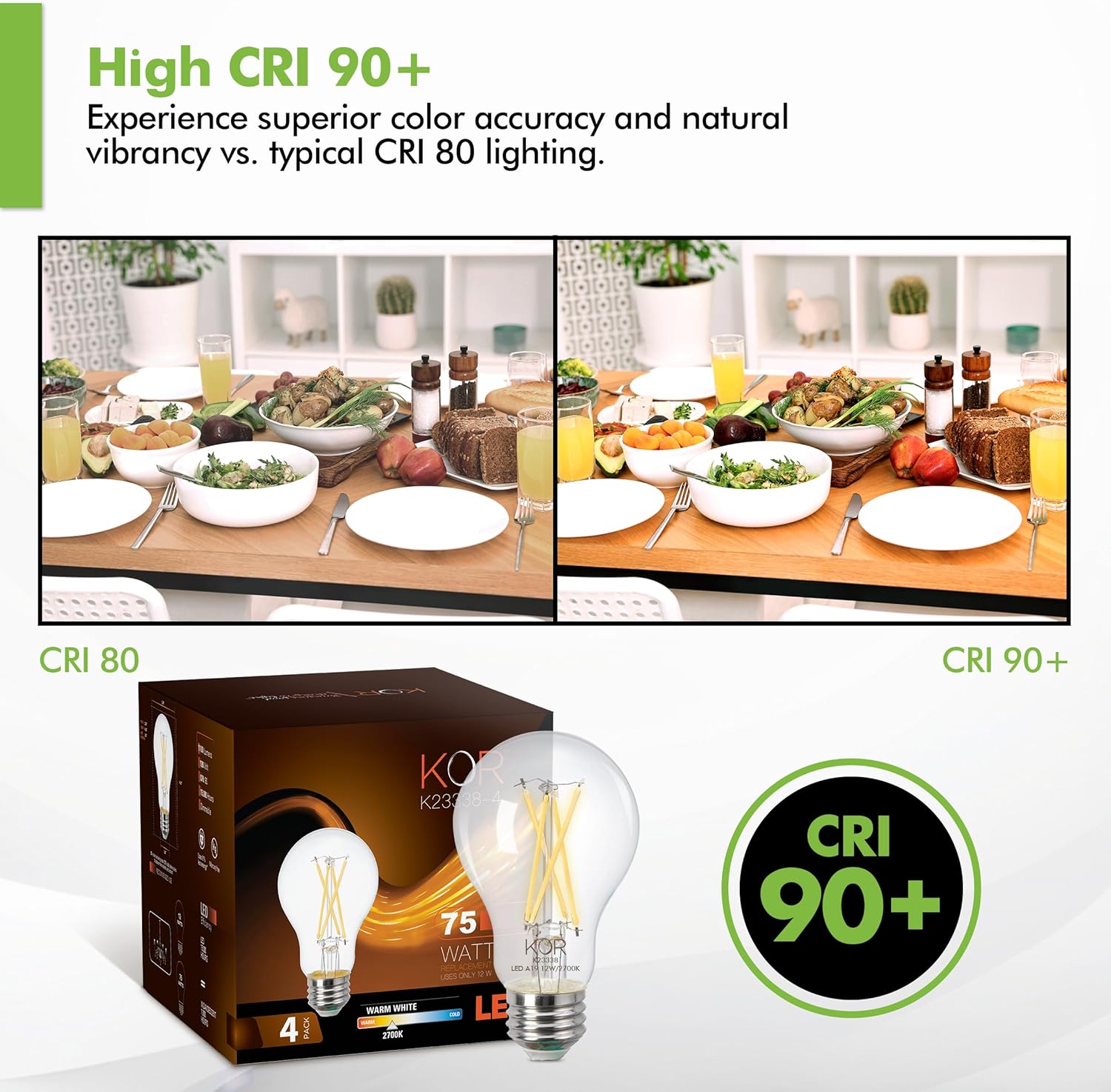 KOR LED A19 Filament Bulbs, 4 Pack, 75 Watt Equivalent, 2700K Warm White, Edison Vintage Dimmable Energy Efficient 12W, E26 Medium Base, 1100 Lumens, CRI 90, Clear Glass Light Bulbs for Home