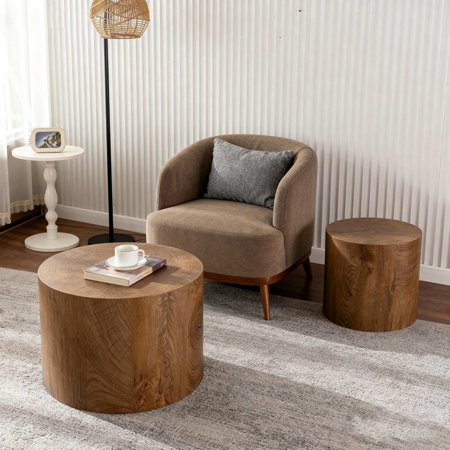 Nesting Round Coffee Table Set of 2, Accent End Table for Small Spaces, Morden Drum Side Table, Wooden Circle Center Table for Living Room, Fully Assembled - Light Walnut