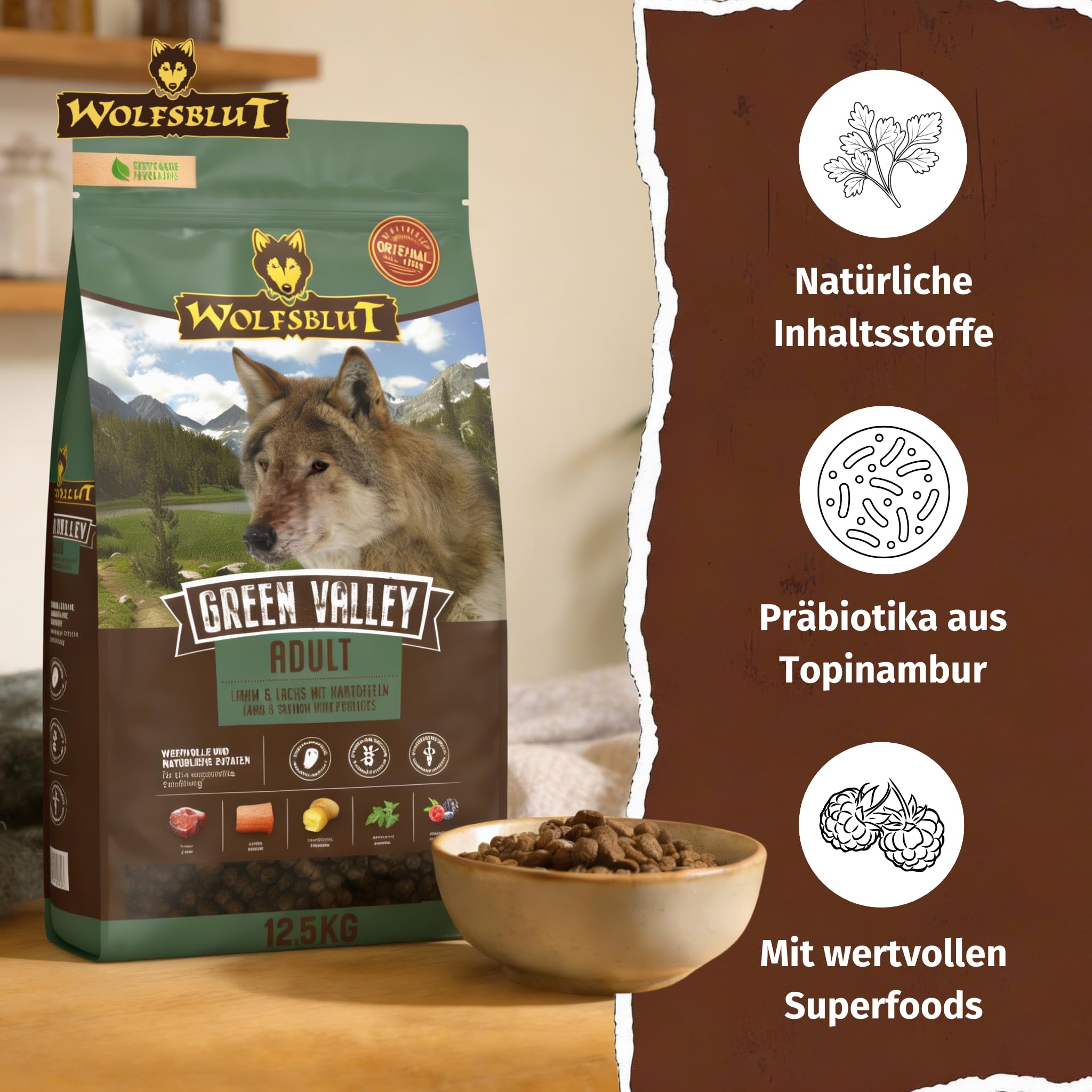 WOLFSBLUT – Green Valley Adult | Trockenfutter mit natürlichen Zutaten und Superfoods für ausgewachsene Hunde. Getreidefreies Alleinfutter ohne Zusatzstoffe im Beutel | 12,5kg Lamm und Lachs