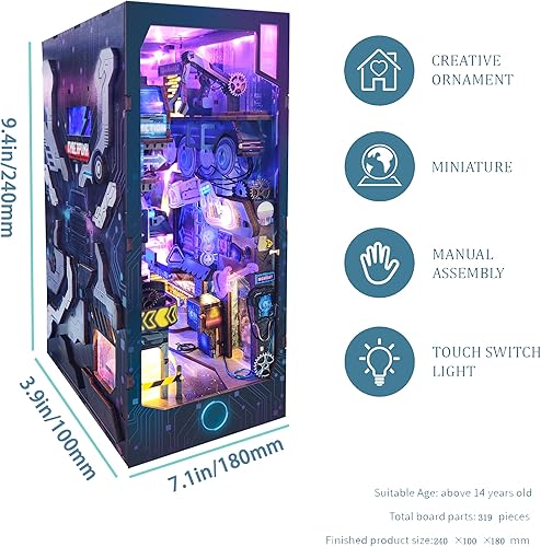 Miniatura 4 de Cyberpunk - Kit de rincón de libro con luz LED, rompecabezas de madera 3D para decoración de estantes de libros, kit de casa de muñecas de