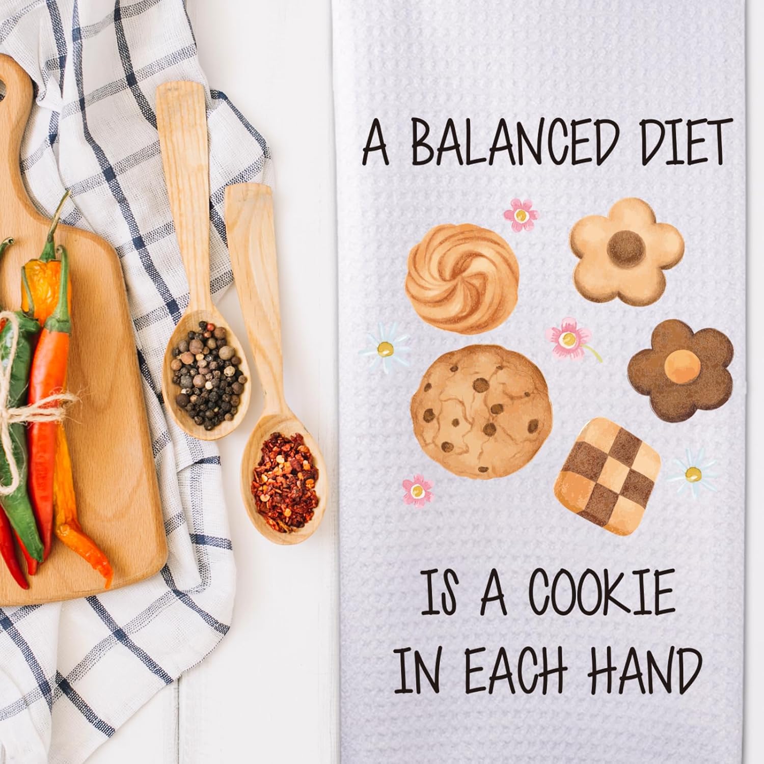 Funny Kitchen Towels, Farmhouse Home Decorative Dishcloth - A Balanced Diet Means a Cookie in Each Hand, Waffle Hand Towel Baking Gifts for Women, Cooking Lovers, Baker Gift - Image 4