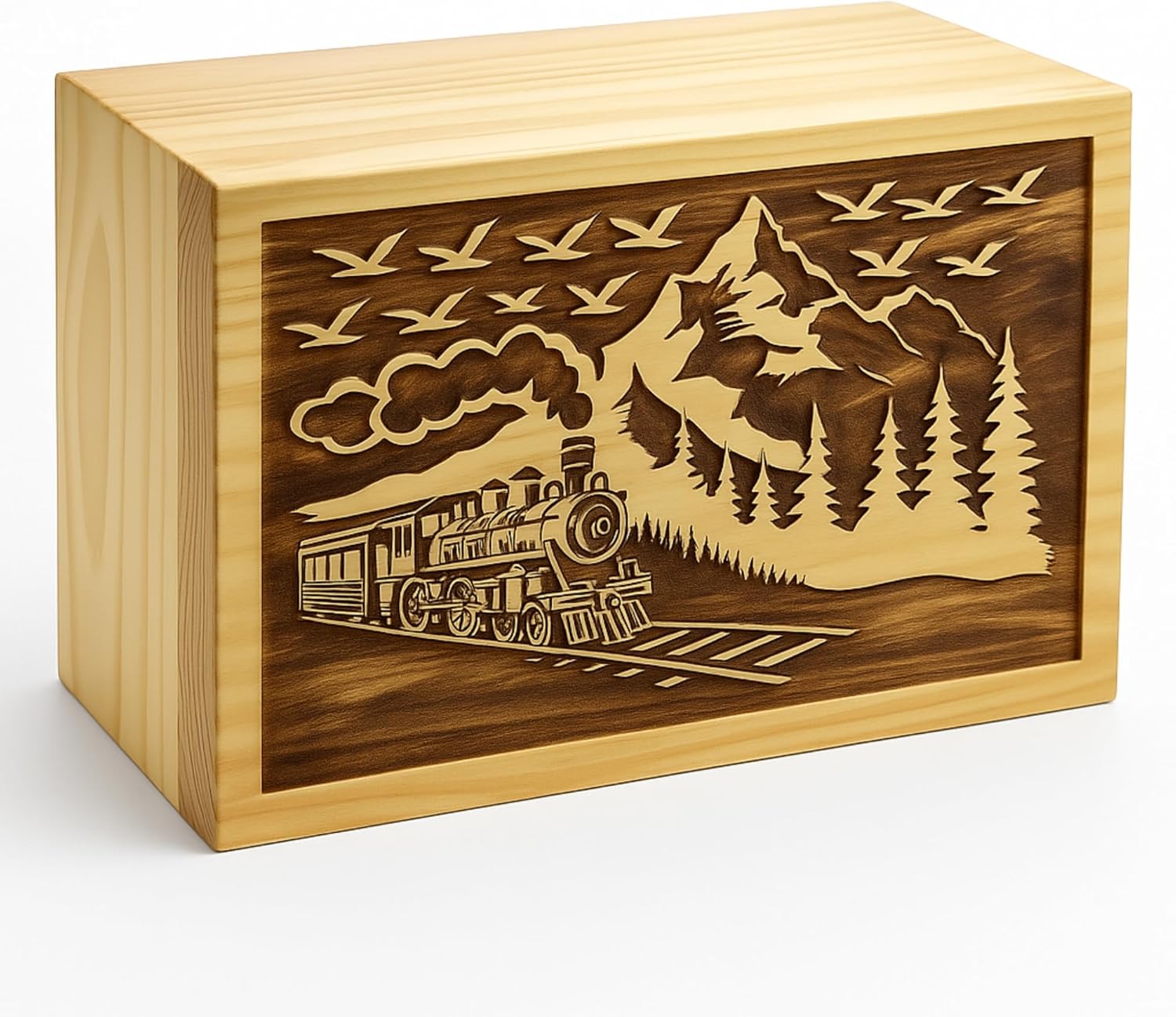 Wooden Cremation Urn for Adult Ashes – Mountain Train Handcrafted Pine Wood Funeral Urn Box | Large 250 Cu in Capacity | Decorative Memorial Urn for Burial or Columbarium | Engraved Scenic Design