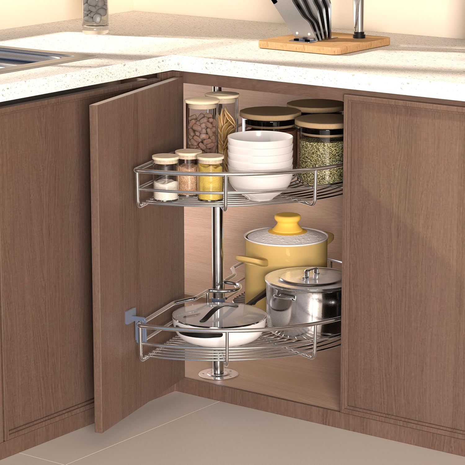 29" Top and Bottom Mount Half Moon Lazy Susan Shelf for Blind Corner Cabinet Kitchen Rotating Rack Min Opening 17" Chrome Silver