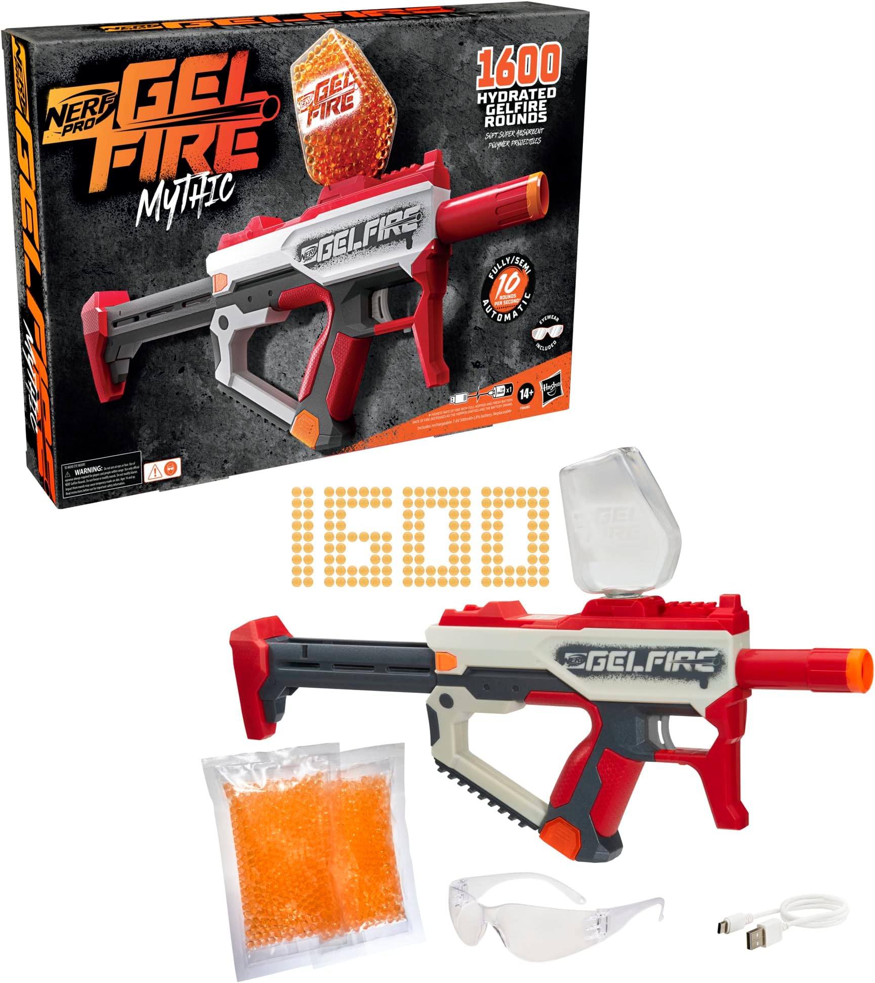 Nerf Pro Gelfire Mythic Blaster, 1,600 Gelfire Rounds, Hopper, Rechargeable Battery, Eyewear