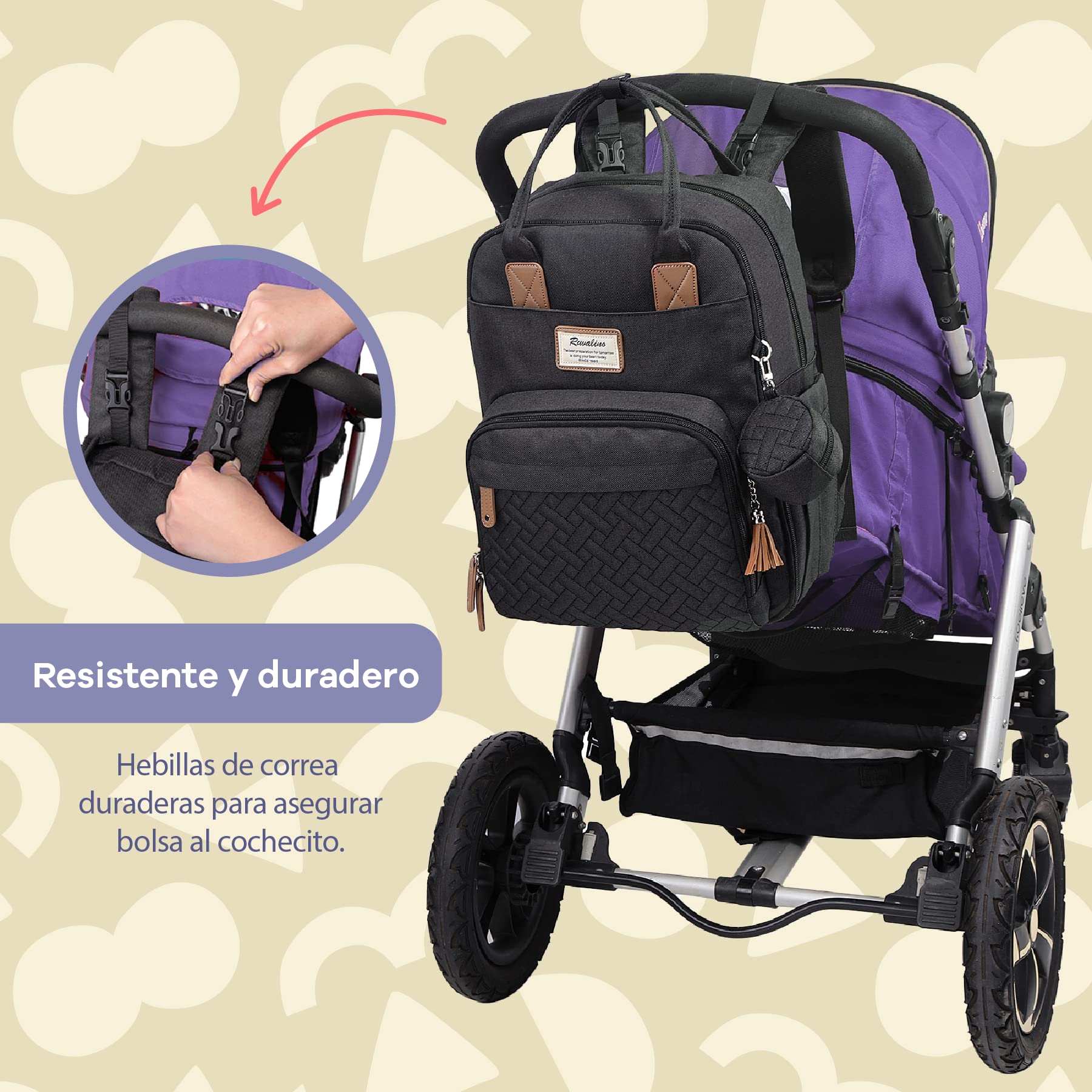 RUVALINO Mochila para Pañales, Bolso Cambiador Bebé con Esterilla Portátil, Portachupetes y Correas para el Cochecito, Bolso de Viaje Impermeable Multifuncional para Mamá y Papá