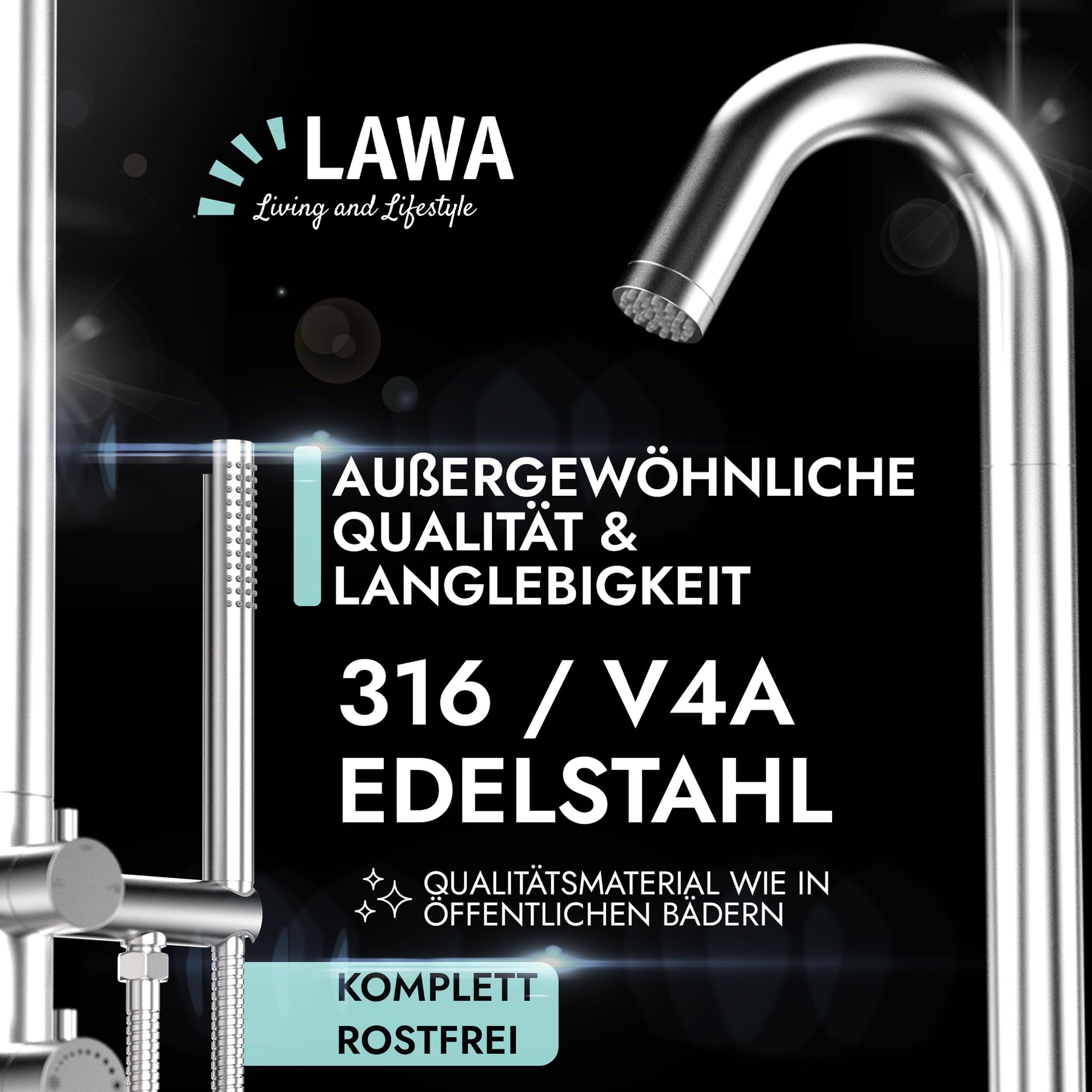Lawa Prysznic Zewnętrzny Ogrodowy AISI 316 Stal Nierdzewna Ciepła Zimna | woda prysznic ręczny sauna prysznic z 2 przyłączami basen prysznic z deszczownicą