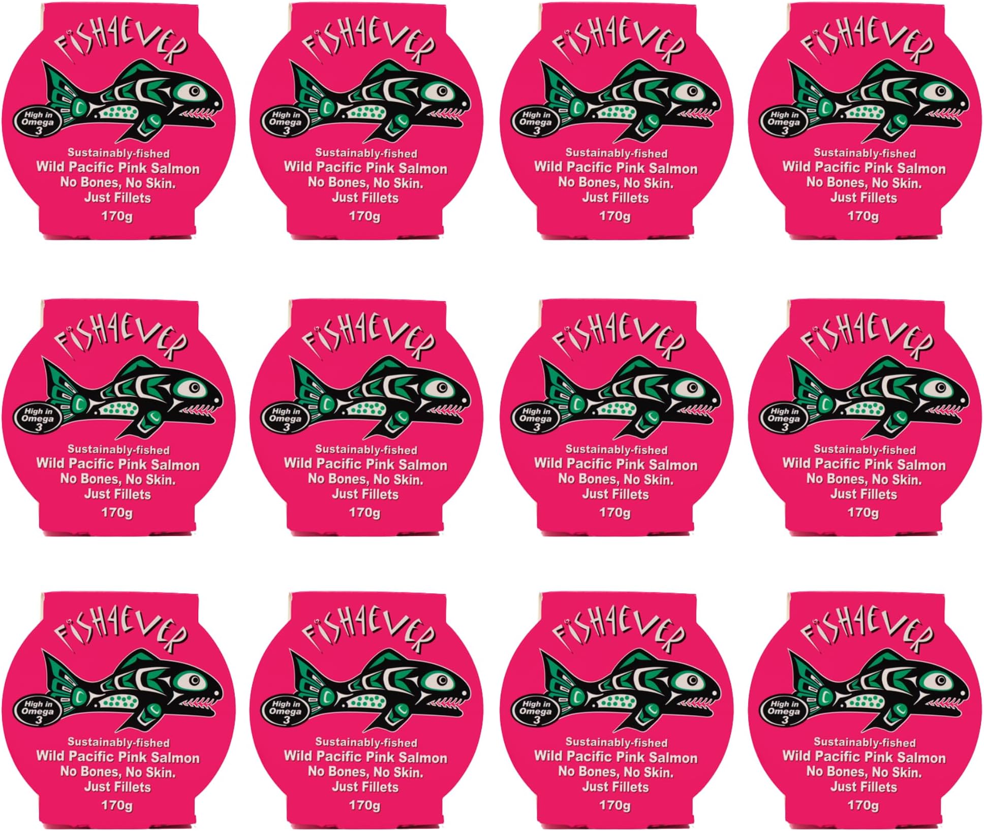 Fish 4 Ever | Pink Pacific Wild Salmon In Brine - Sustainably Fished. Tin Canned Food Rich In Omega-3. Great Used In Pasta Salad, Noodle Dishes, Sandwich Filler And More | 170g (Pack of 12)