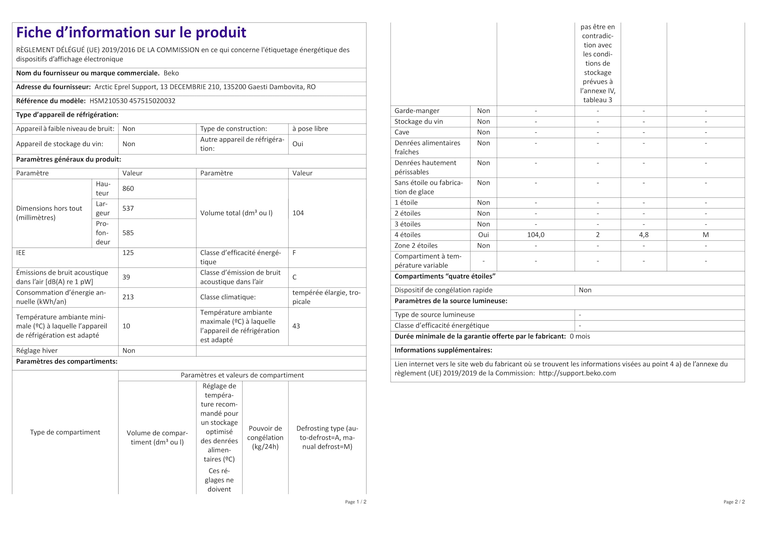 Beko - HSM210530 - Congelatore Orizzontale, Classe F, Statico, 104L, Dimensioni HxLxP: 86 x 53,7 x 58,5