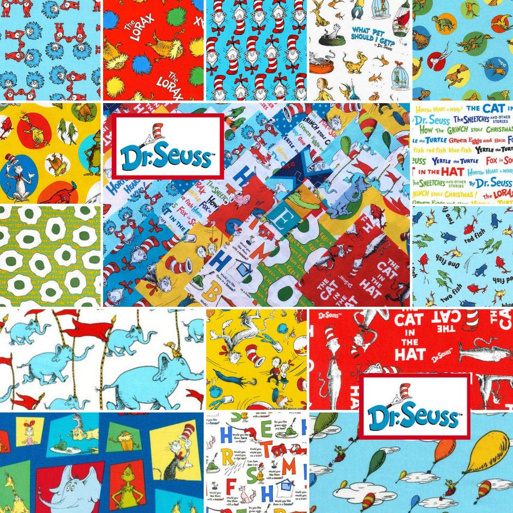 Robert Kaufman 60 Piece DR. Seuss Favorites Precut 5-inch Cotton Quilting Squares Charm Pack Fabric Cotton Assortment Dr Seuss