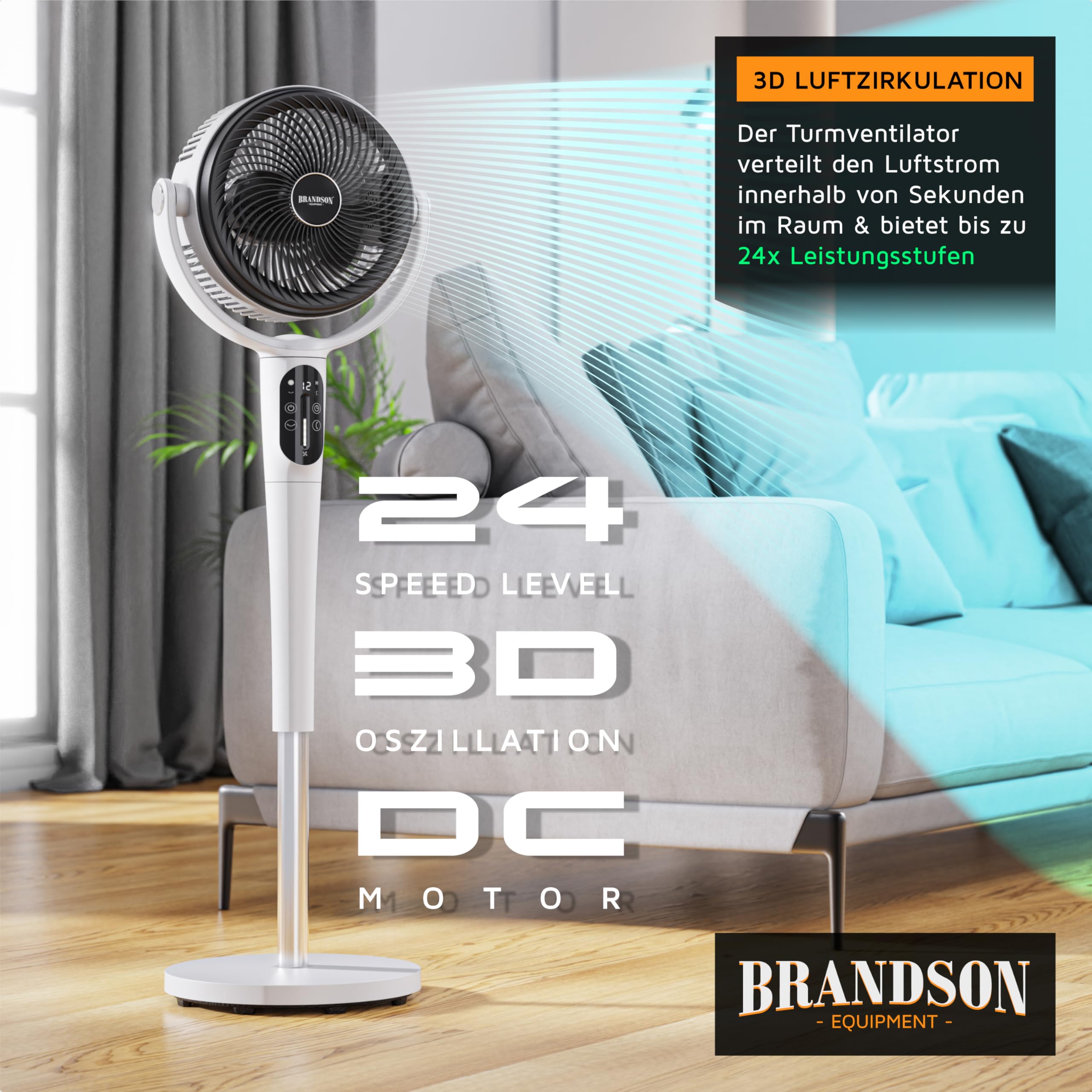 Brandson - 3D Standventilator mit ECO DC Motor – sehr leise – Preisträger 2026-60% Energieeinsparung – Ventilator mit 24 Geschwindigkeiten – horizontale und vertikale Oszillation – Fernbedienung