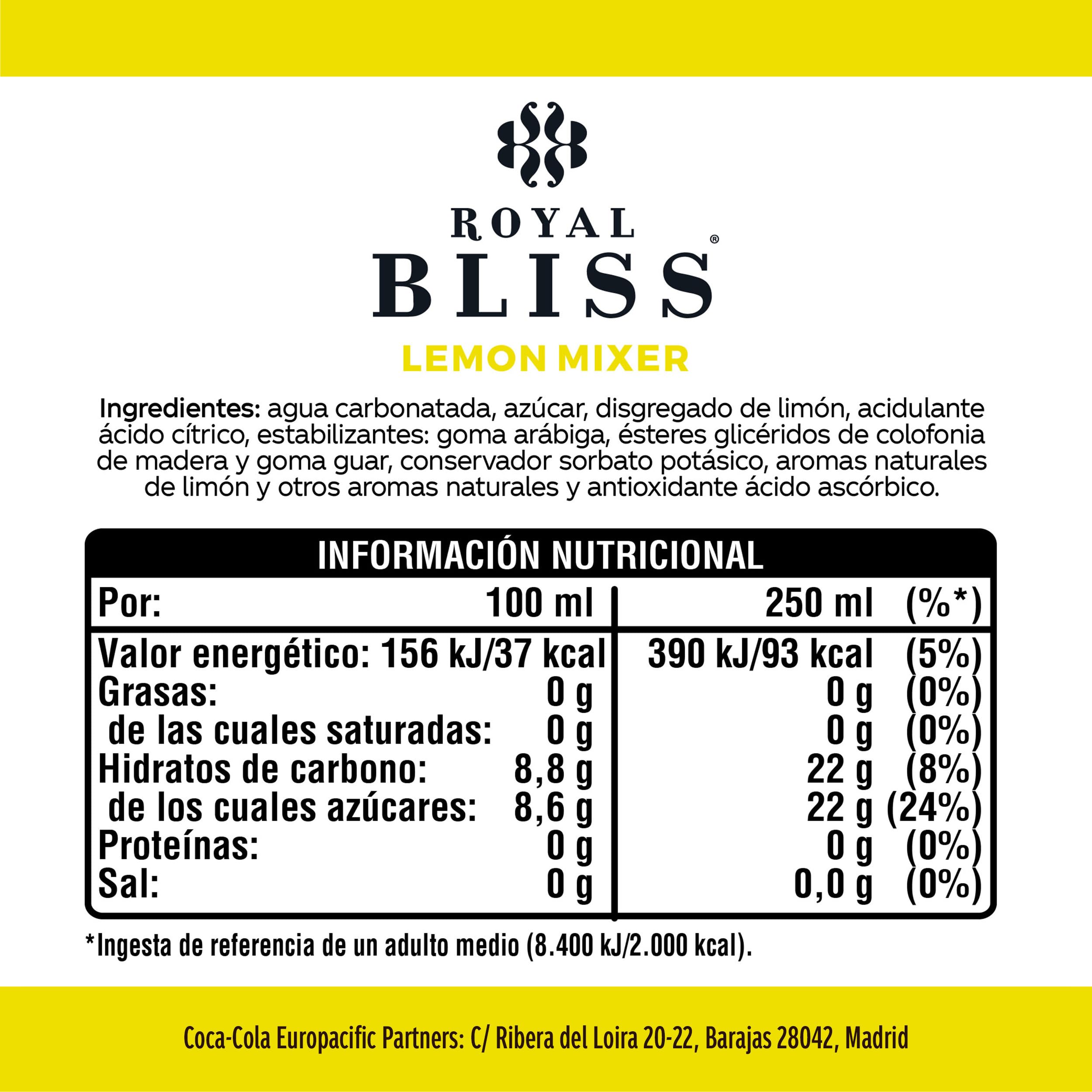 Royal Bliss Lemon Mixer, Tónica Aromatizada y Refrescante - Pack de 12 Latas de 250 ml