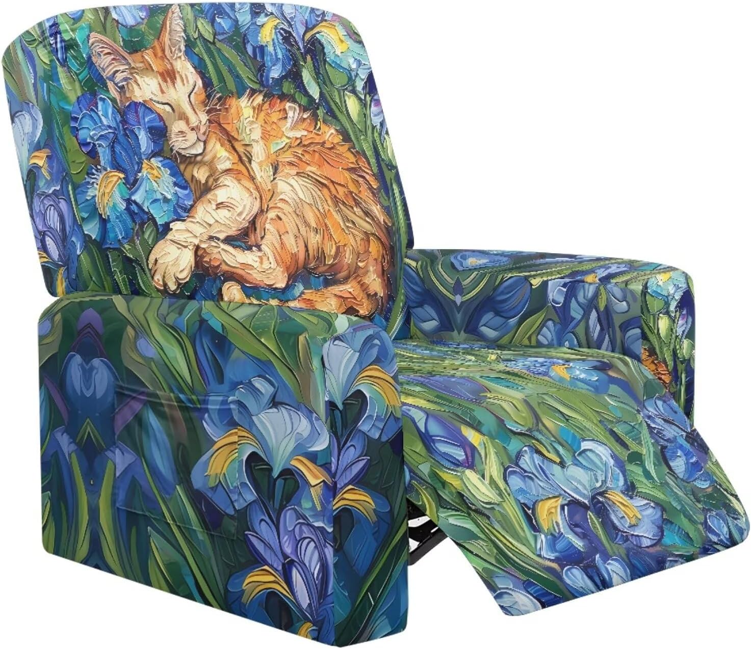 Recliner Chair Covers Cat Floral Stretch Recliner Sofa Chair Covers for Reclining Slipcovers for Living Room Furniture Protector