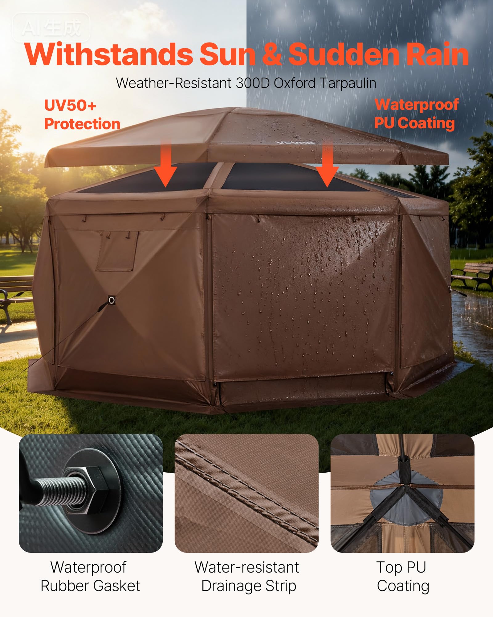 VEVOR Namiot przeciw owadom pawilon Pop-up 4,57 x 4,57 m, składany namiot z moskitierą dla 12–15 osób, 8 stron, na kemping dla rodziny, na taras, ogród, ze zdejmowanym dachem, torba transportowa