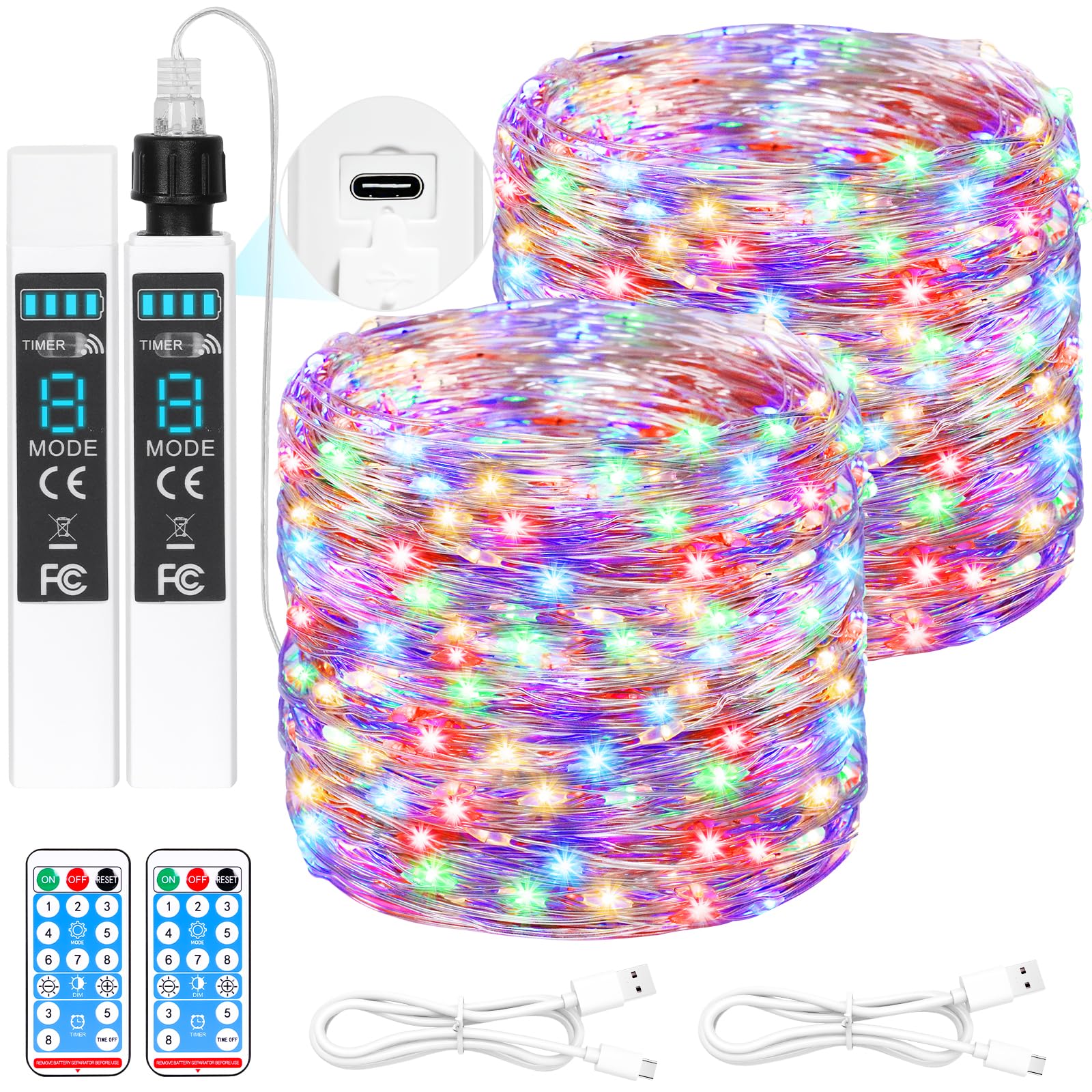 Lot de 2 guirlandes lumineuses rechargeables de 2024 m, 200 LED à piles avec télécommande et minuterie, lumières scintillantes d'extérieur étanches pour camping, bricolage, fête de Noël, arbre de