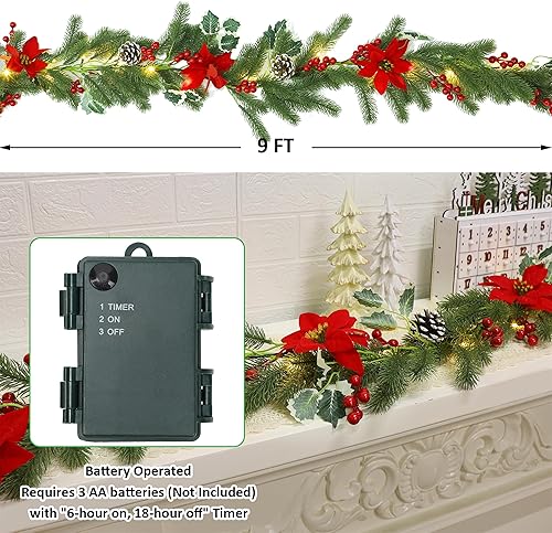 Miniatura 2 de ATDAWN Guirnalda de Navidad de 9 pies con luces, funciona con pilas, guirnalda con bayas rojas, cono de pino y flor de pascua para interiores,