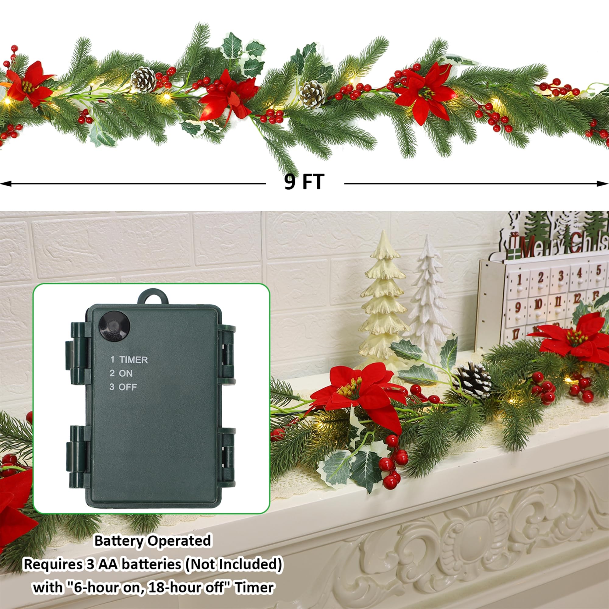 ATDAWN Guirlande de Noël de 2,7 m avec lumières, guirlande de Noël à piles, guirlande pré-éclairée avec baies rouges, pomme de pin et poinsettia pour intérieur, maison, vacances, hiver, Nouvel An