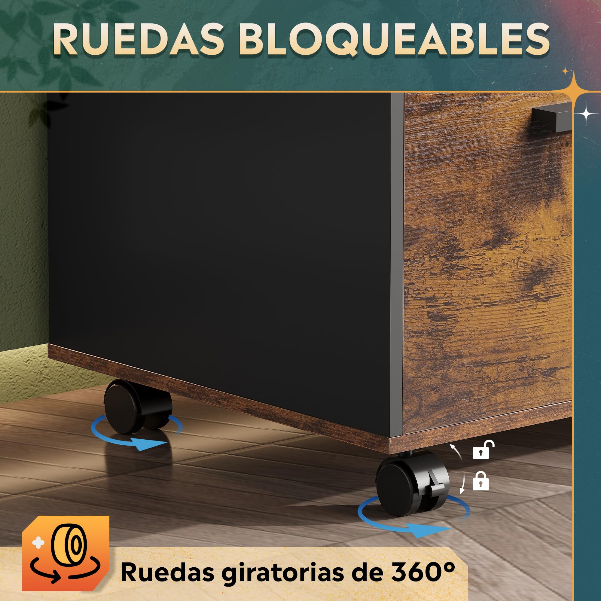 DEVAISE Carro Archivo 3 Cajones con Tablero Madera, Mueble para Impresora Diseño Retro, Marrón
