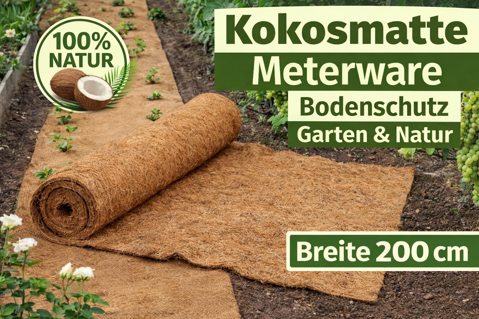 Kokosfasermatte 200 cm Breite – Kokosmatte als Matratzenauflage, Winterschutz & Tierunterlage – Naturfaser mit Latexbindung - Garten Bodenschutz – Meterware 5m