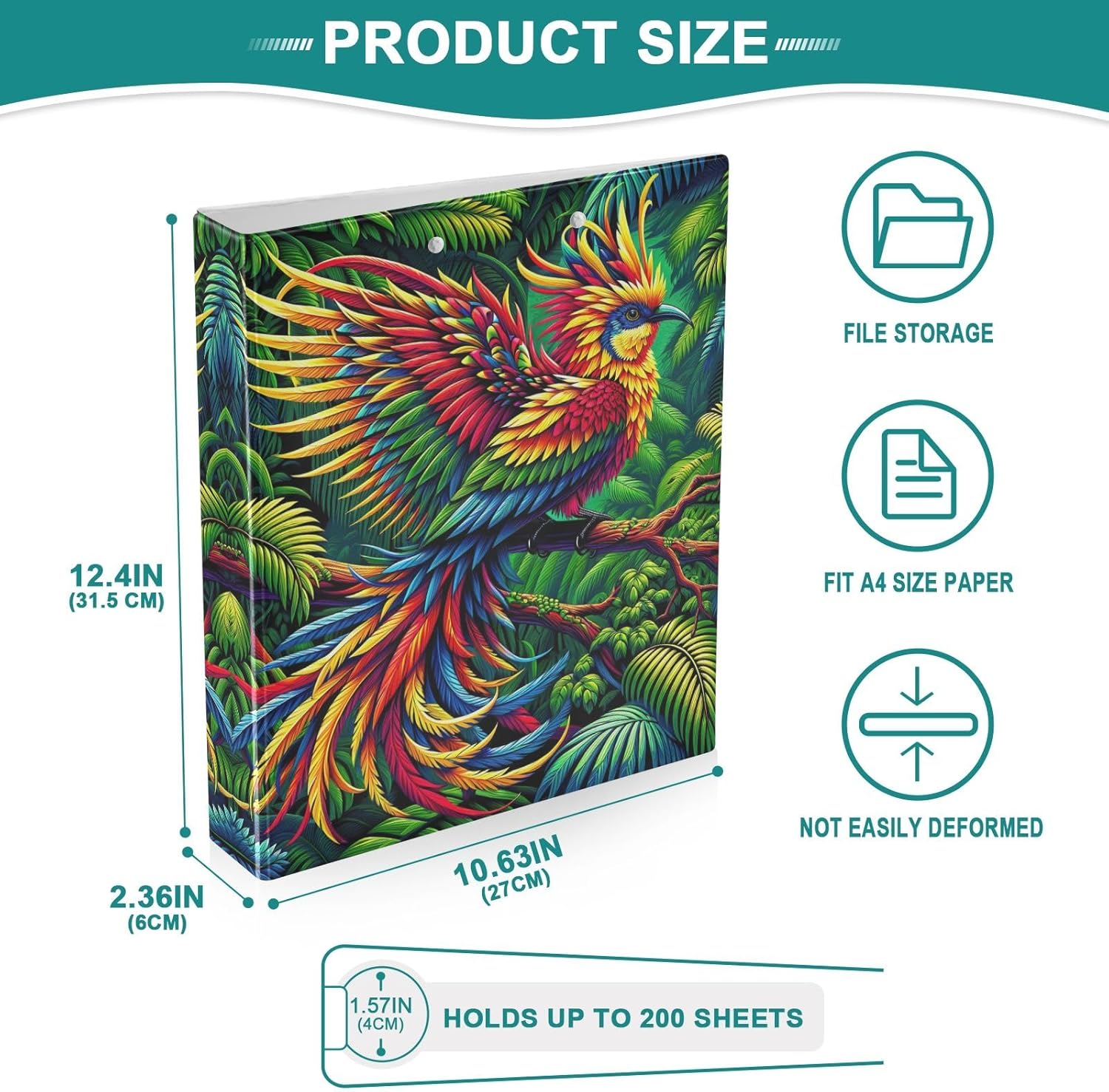 Round Ring Binders 3 Rings Binders 1-1/2 Inch with Anti-Slip Metal Clip Notebook Binder for School Supplies Vibrant Tropical Bird, 1 Pack